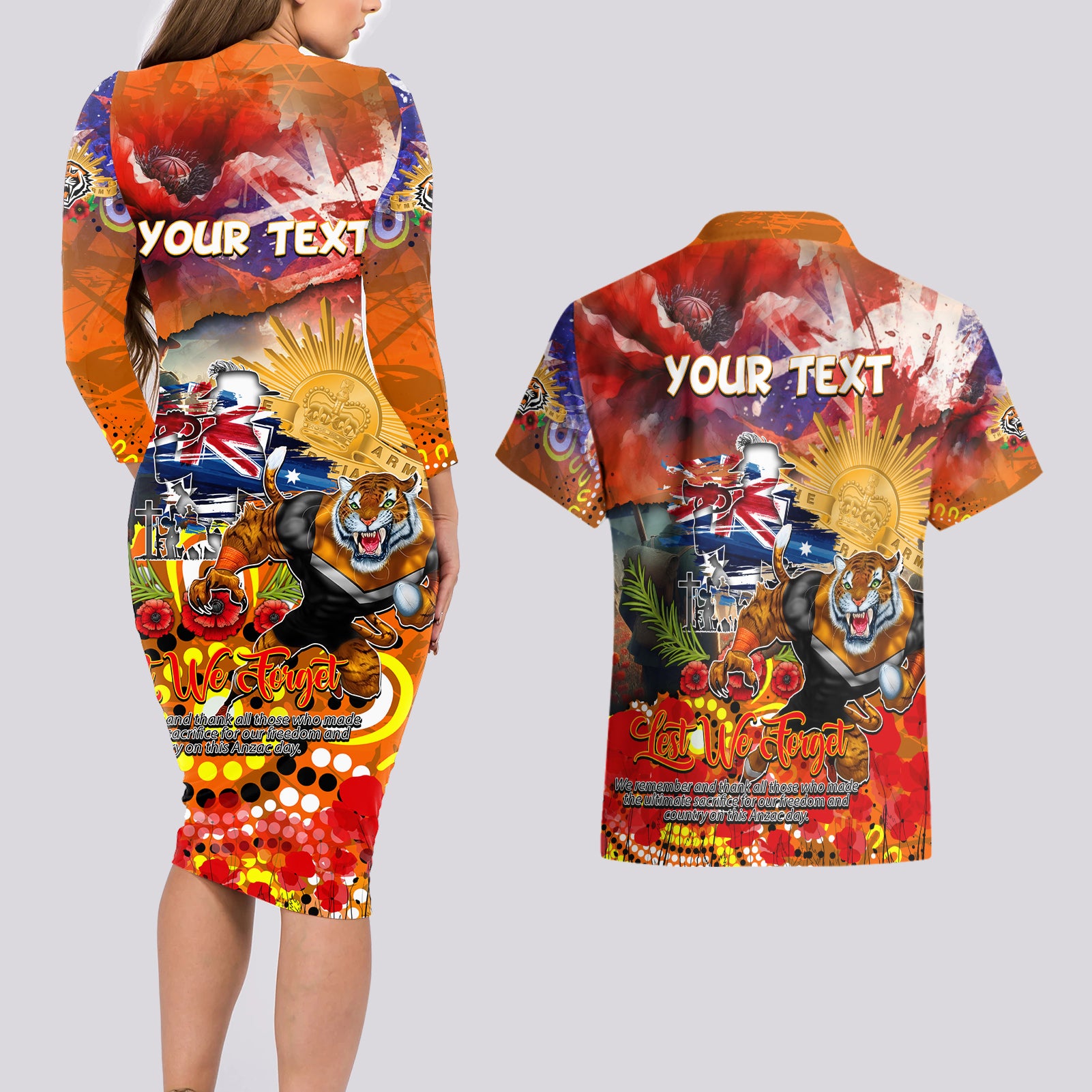 Personalised Australia Rugby Tigers ANZAC Couples Matching Long Sleeve Bodycon Dress and Hawaiian Shirt Wests Scratch Style