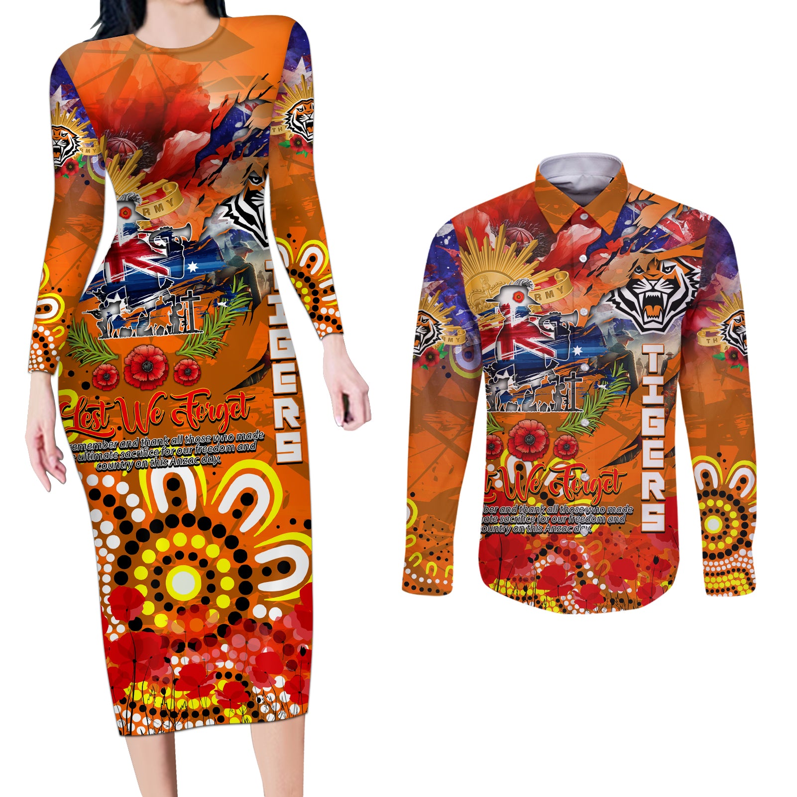 Personalised Australia Rugby Tigers ANZAC Couples Matching Long Sleeve Bodycon Dress and Long Sleeve Button Shirt Wests Scratch Style