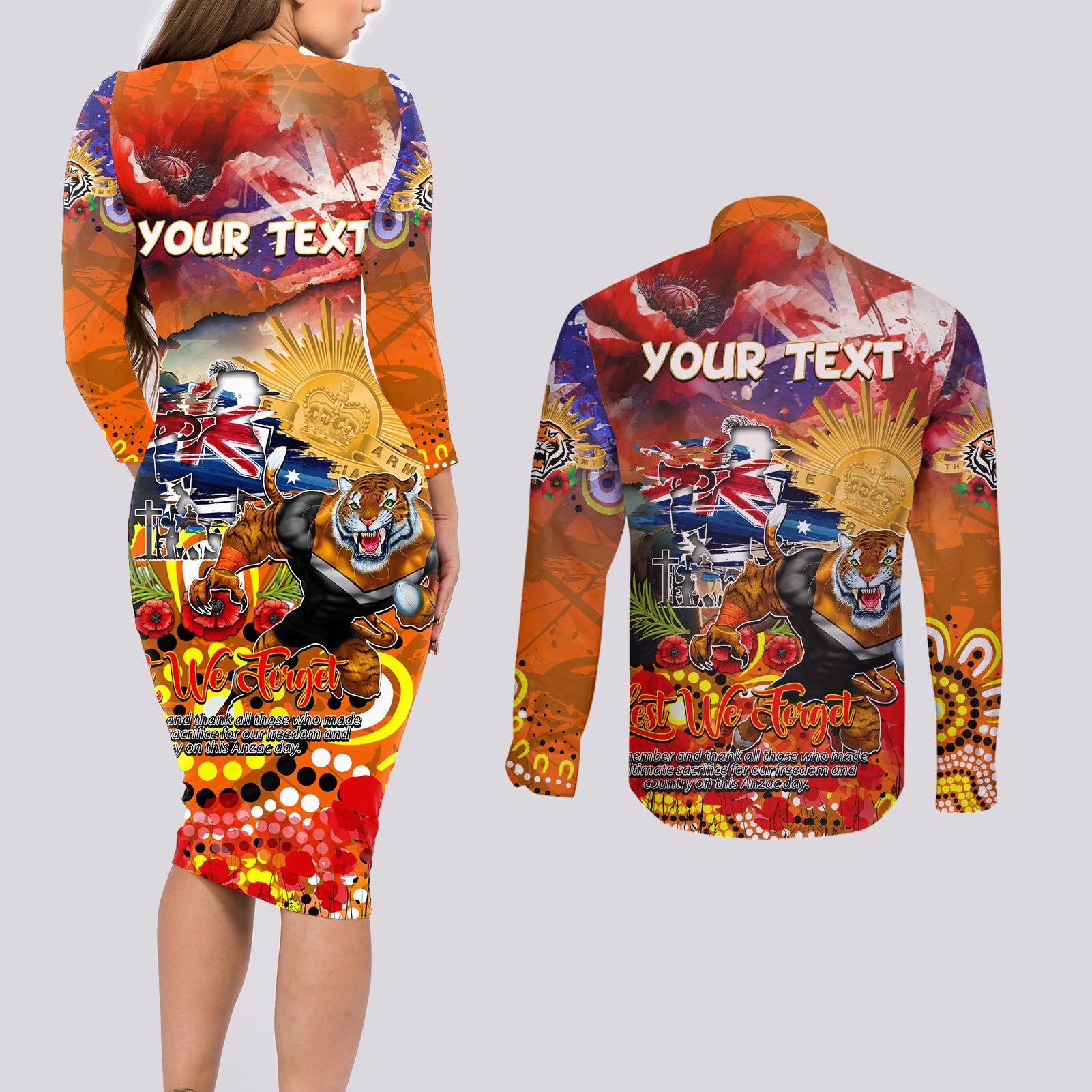 Personalised Australia Rugby Tigers ANZAC Couples Matching Long Sleeve Bodycon Dress and Long Sleeve Button Shirt Wests Scratch Style