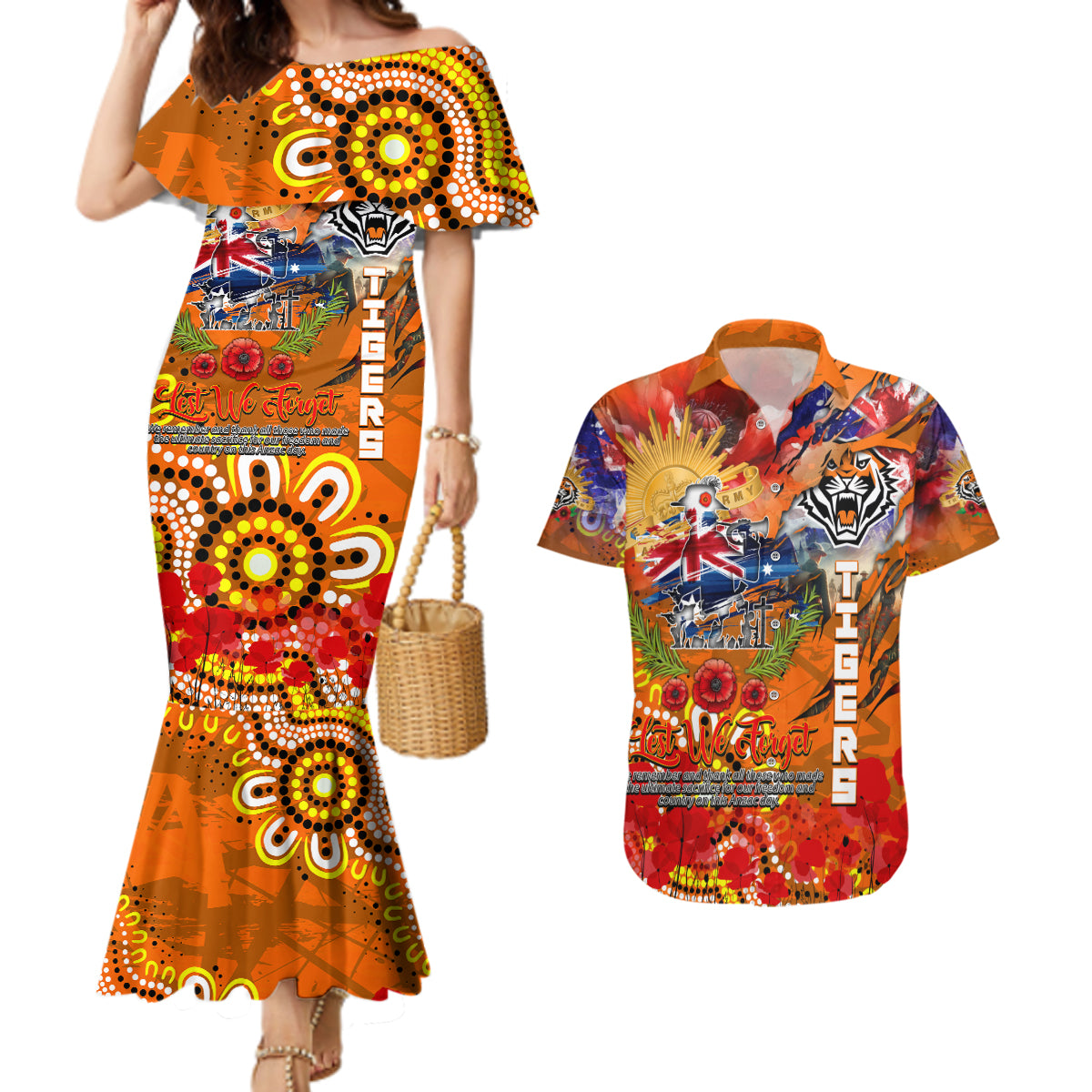 Personalised Australia Rugby Tigers ANZAC Couples Matching Mermaid Dress and Hawaiian Shirt Wests Scratch Style