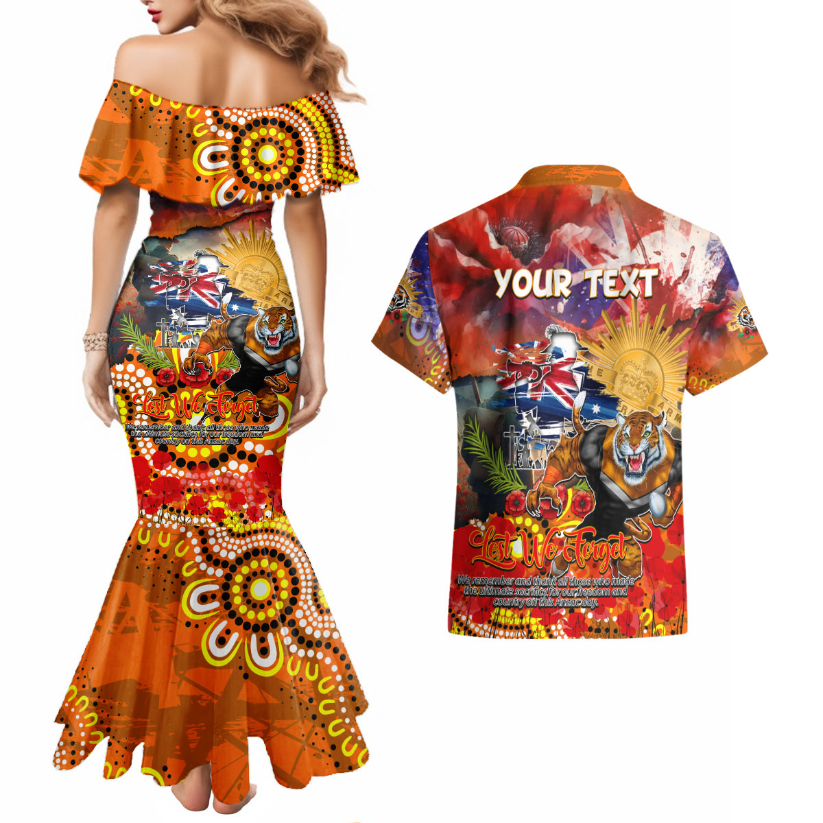 Personalised Australia Rugby Tigers ANZAC Couples Matching Mermaid Dress and Hawaiian Shirt Wests Scratch Style