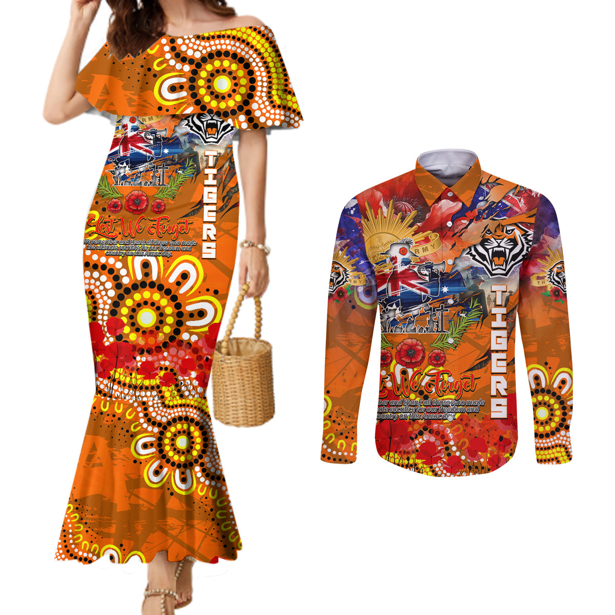 Personalised Australia Rugby Tigers ANZAC Couples Matching Mermaid Dress and Long Sleeve Button Shirt Wests Scratch Style