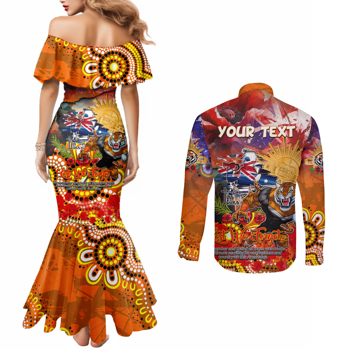 Personalised Australia Rugby Tigers ANZAC Couples Matching Mermaid Dress and Long Sleeve Button Shirt Wests Scratch Style