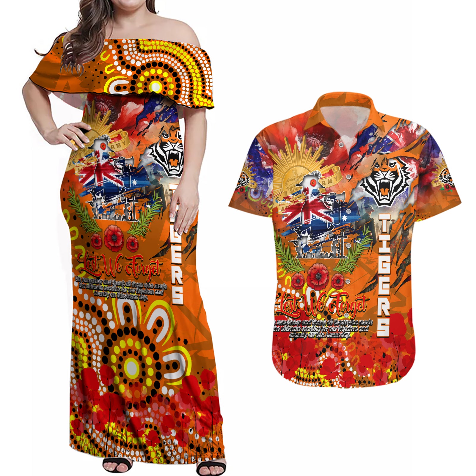 Personalised Australia Rugby Tigers ANZAC Couples Matching Off Shoulder Maxi Dress and Hawaiian Shirt Wests Scratch Style