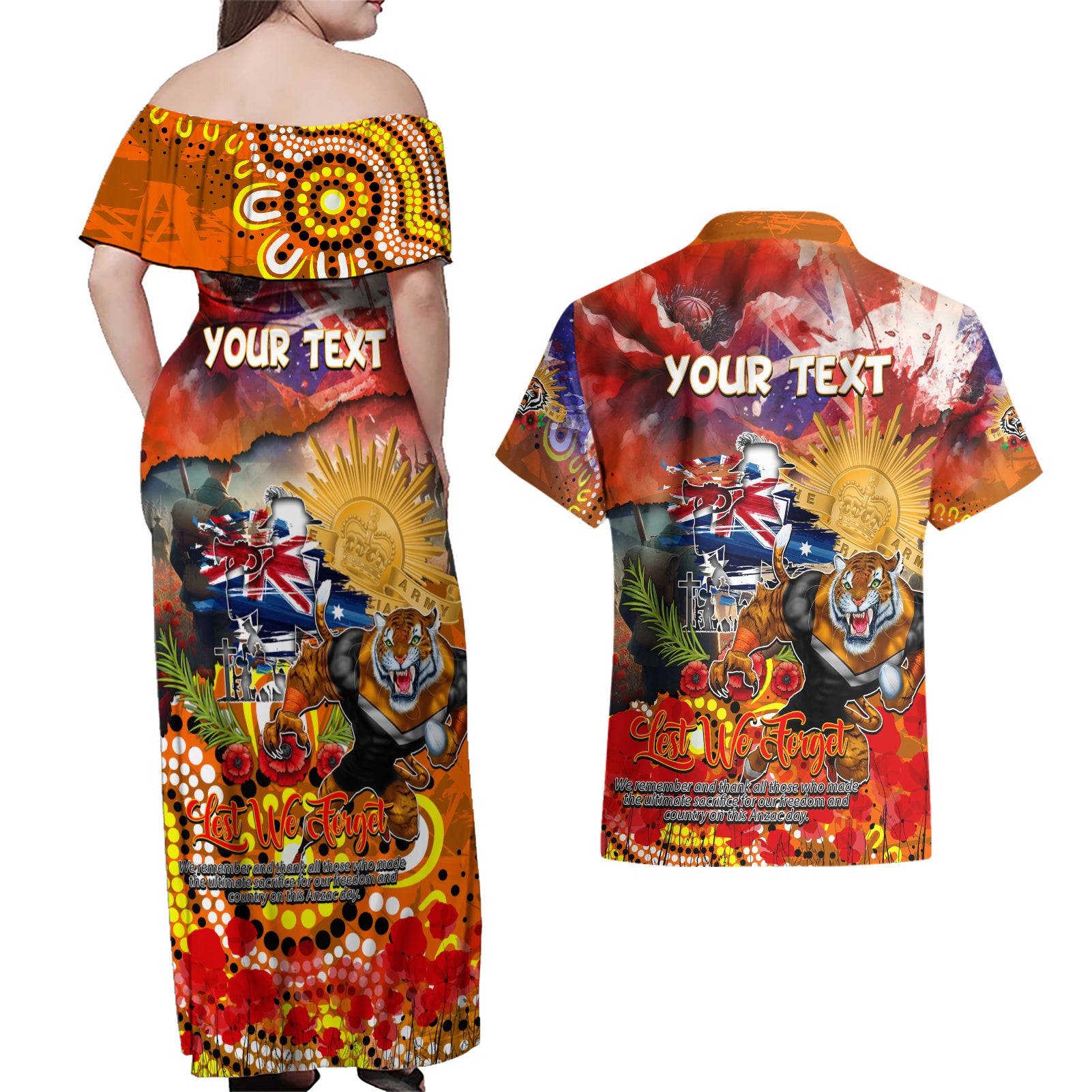 Personalised Australia Rugby Tigers ANZAC Couples Matching Off Shoulder Maxi Dress and Hawaiian Shirt Wests Scratch Style