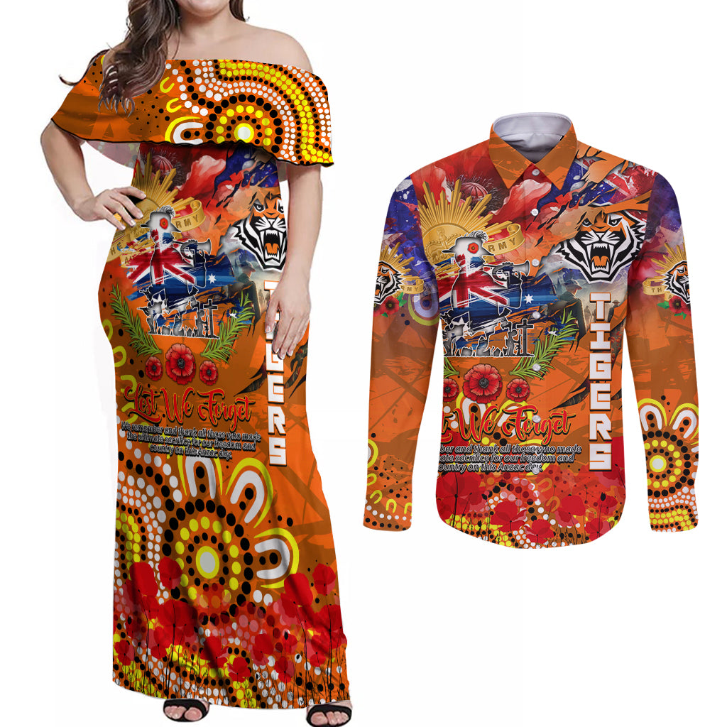 Personalised Australia Rugby Tigers ANZAC Couples Matching Off Shoulder Maxi Dress and Long Sleeve Button Shirt Wests Scratch Style