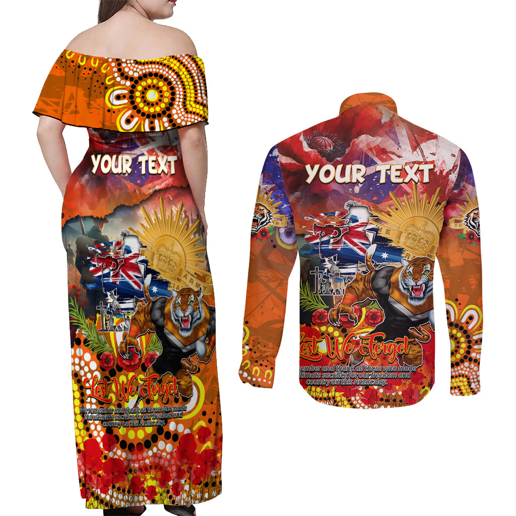 Personalised Australia Rugby Tigers ANZAC Couples Matching Off Shoulder Maxi Dress and Long Sleeve Button Shirt Wests Scratch Style