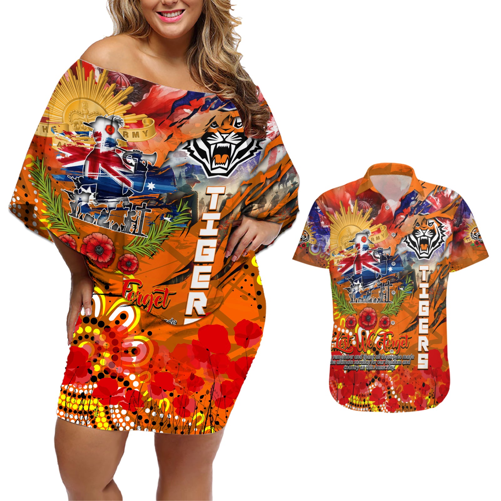 Personalised Australia Rugby Tigers ANZAC Couples Matching Off Shoulder Short Dress and Hawaiian Shirt Wests Scratch Style