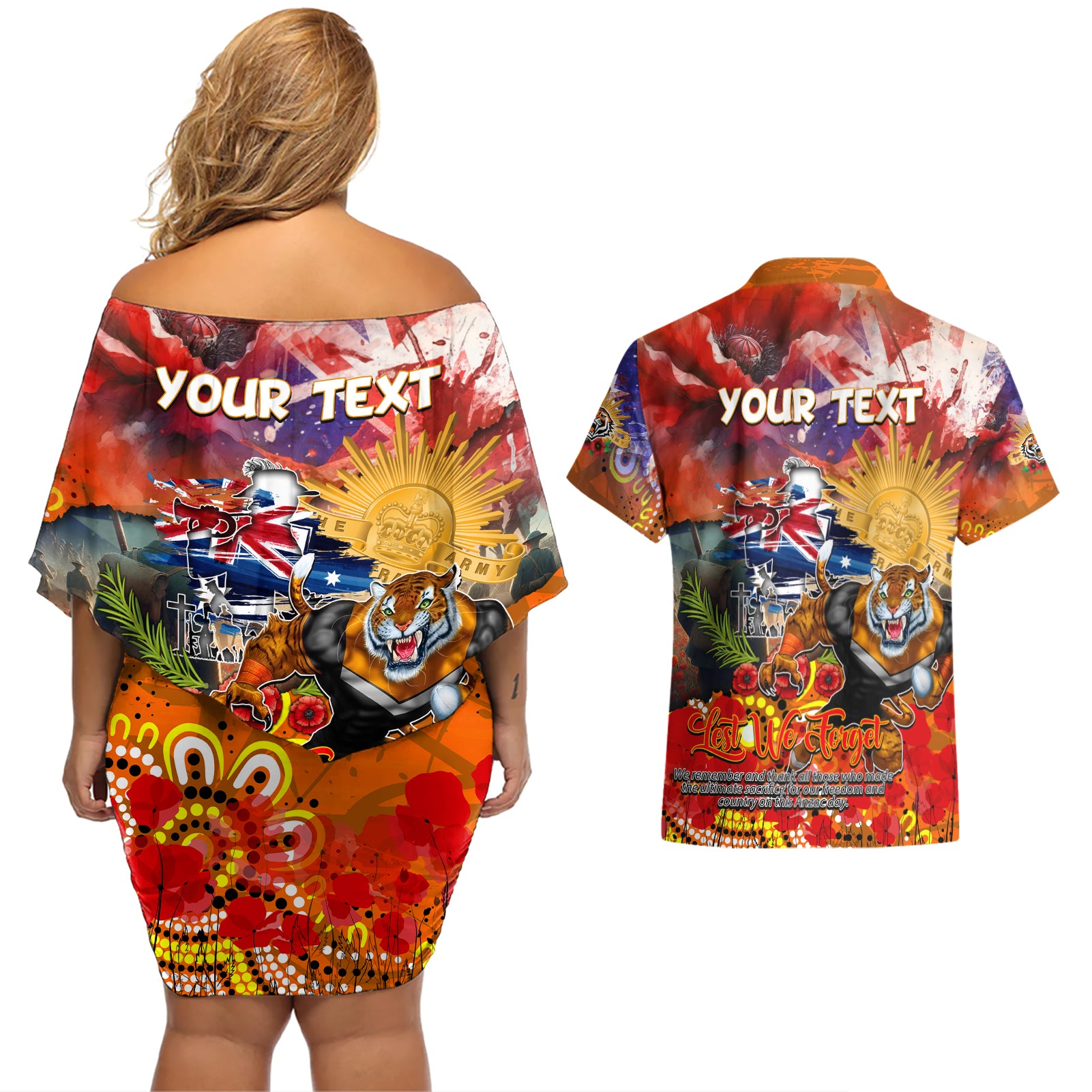 Personalised Australia Rugby Tigers ANZAC Couples Matching Off Shoulder Short Dress and Hawaiian Shirt Wests Scratch Style