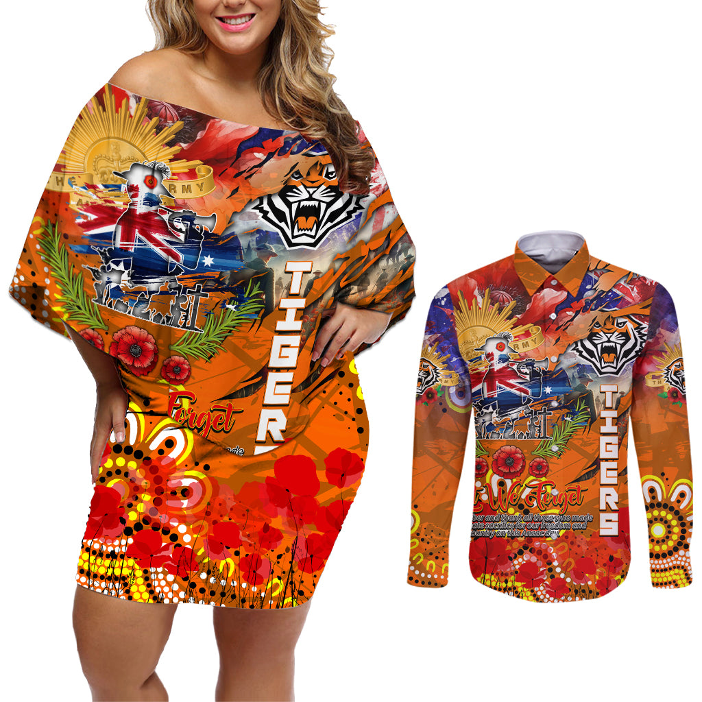 Personalised Australia Rugby Tigers ANZAC Couples Matching Off Shoulder Short Dress and Long Sleeve Button Shirt Wests Scratch Style