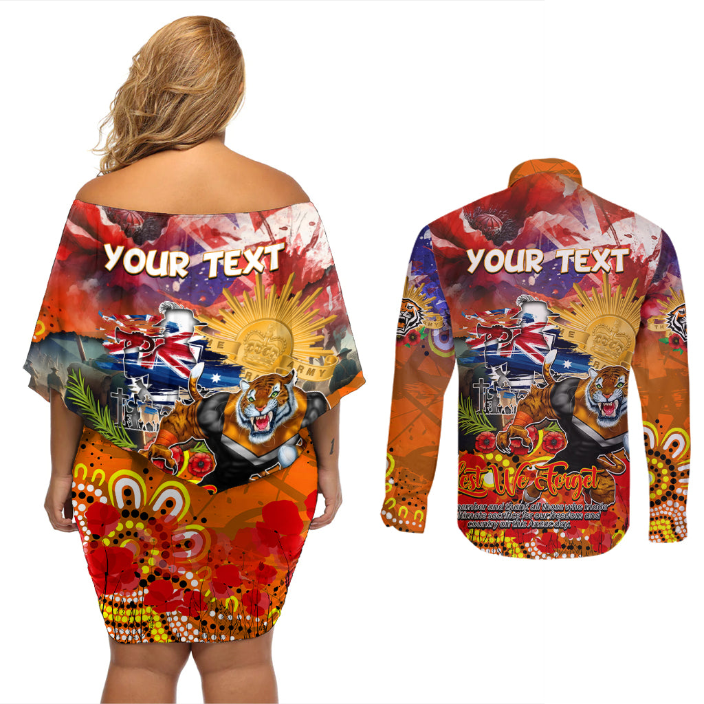 Personalised Australia Rugby Tigers ANZAC Couples Matching Off Shoulder Short Dress and Long Sleeve Button Shirt Wests Scratch Style