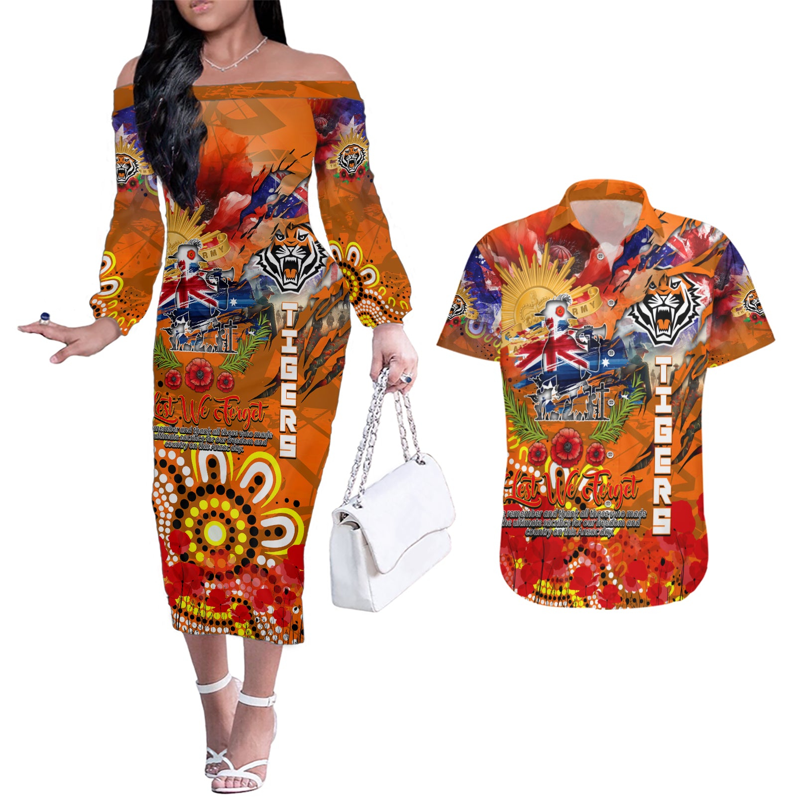 Personalised Australia Rugby Tigers ANZAC Couples Matching Off The Shoulder Long Sleeve Dress and Hawaiian Shirt Wests Scratch Style