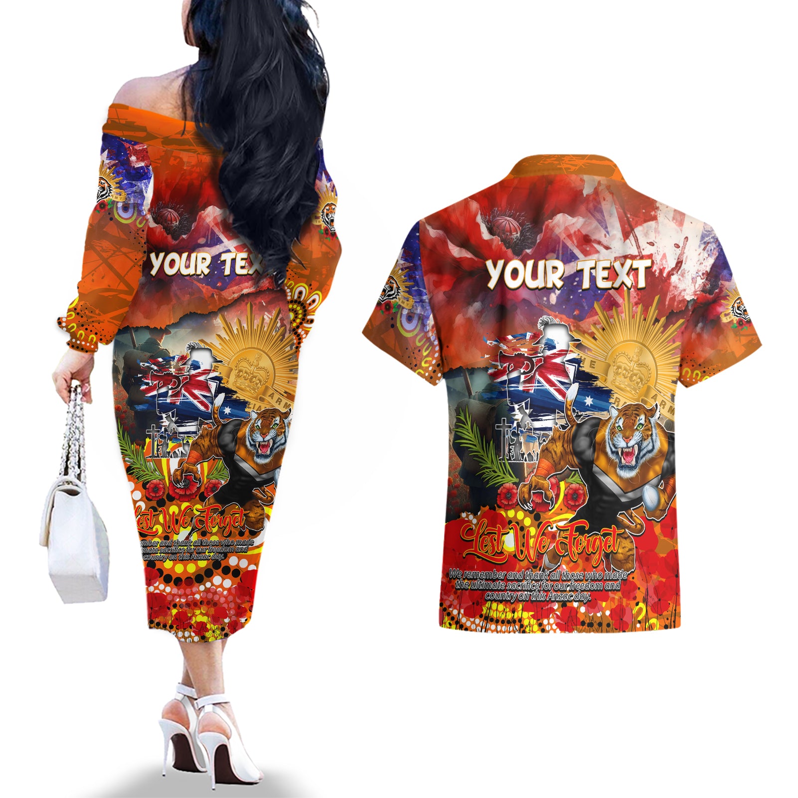 Personalised Australia Rugby Tigers ANZAC Couples Matching Off The Shoulder Long Sleeve Dress and Hawaiian Shirt Wests Scratch Style