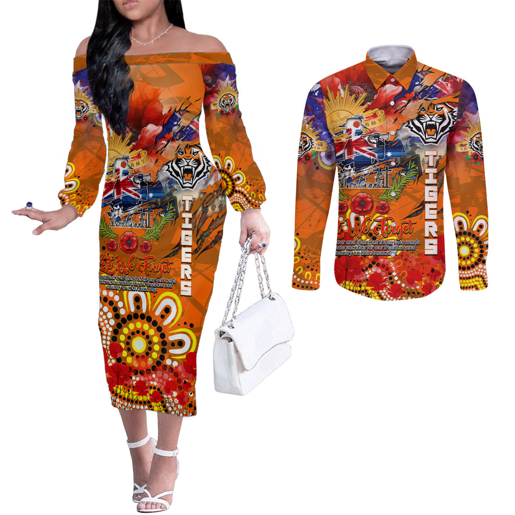 Personalised Australia Rugby Tigers ANZAC Couples Matching Off The Shoulder Long Sleeve Dress and Long Sleeve Button Shirt Wests Scratch Style