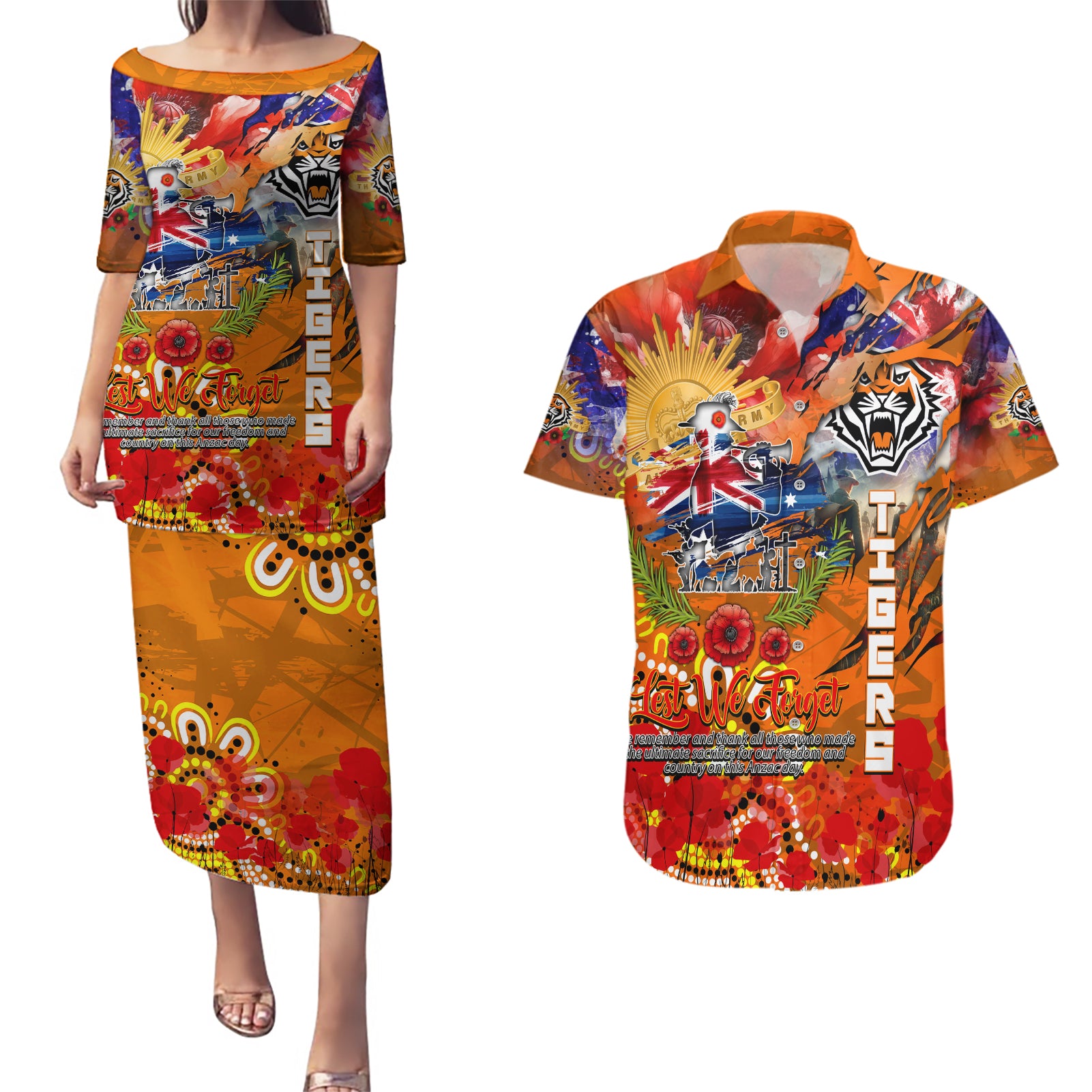 Personalised Australia Rugby Tigers ANZAC Couples Matching Puletasi and Hawaiian Shirt Wests Scratch Style