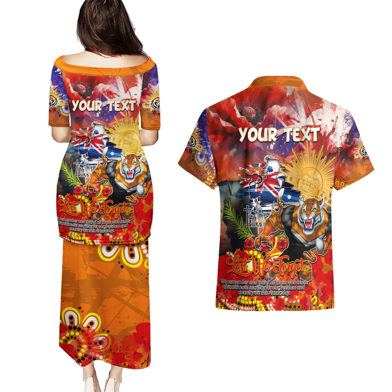 Personalised Australia Rugby Tigers ANZAC Couples Matching Puletasi and Hawaiian Shirt Wests Scratch Style