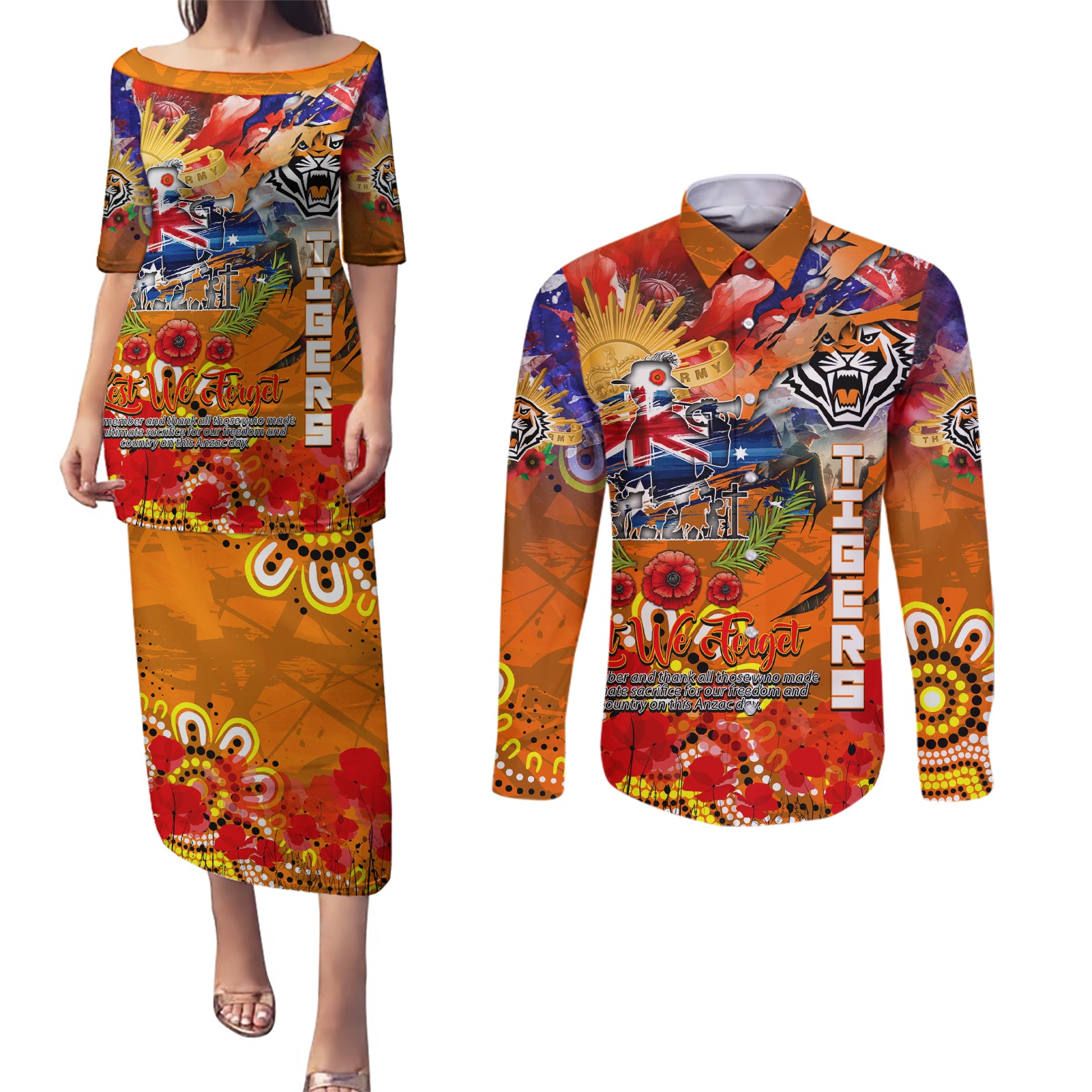 Personalised Australia Rugby Tigers ANZAC Couples Matching Puletasi and Long Sleeve Button Shirt Wests Scratch Style