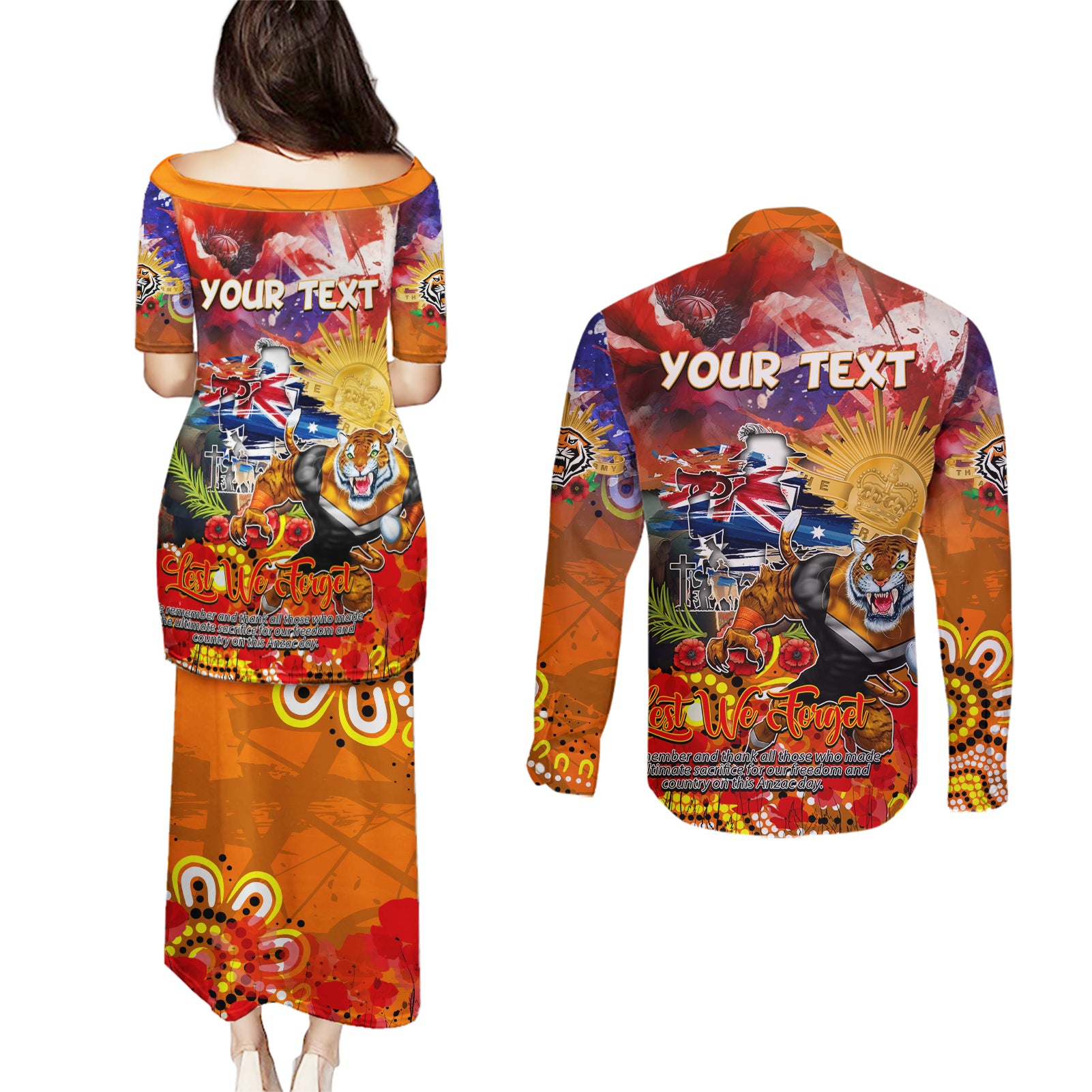 Personalised Australia Rugby Tigers ANZAC Couples Matching Puletasi and Long Sleeve Button Shirt Wests Scratch Style