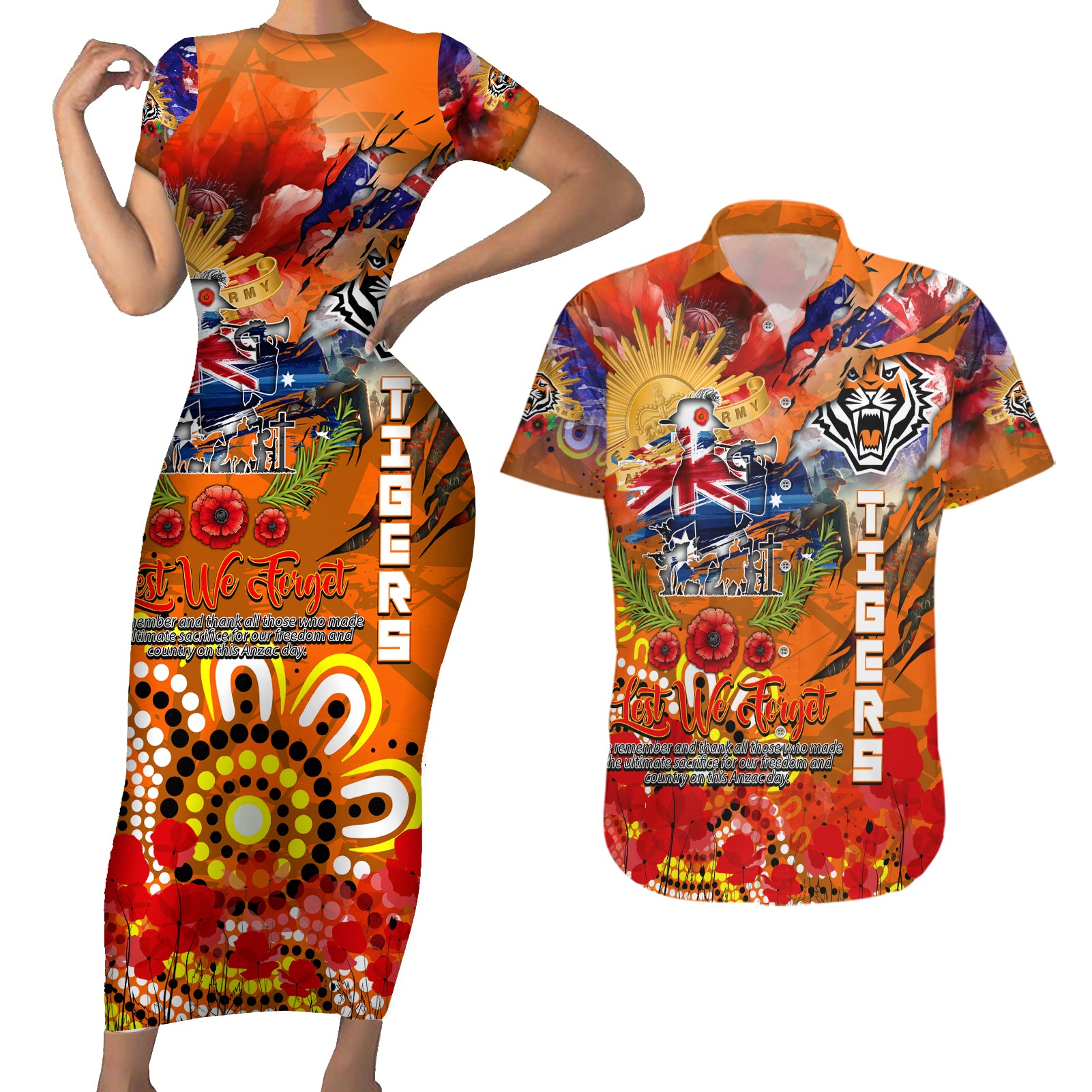 Personalised Australia Rugby Tigers ANZAC Couples Matching Short Sleeve Bodycon Dress and Hawaiian Shirt Wests Scratch Style