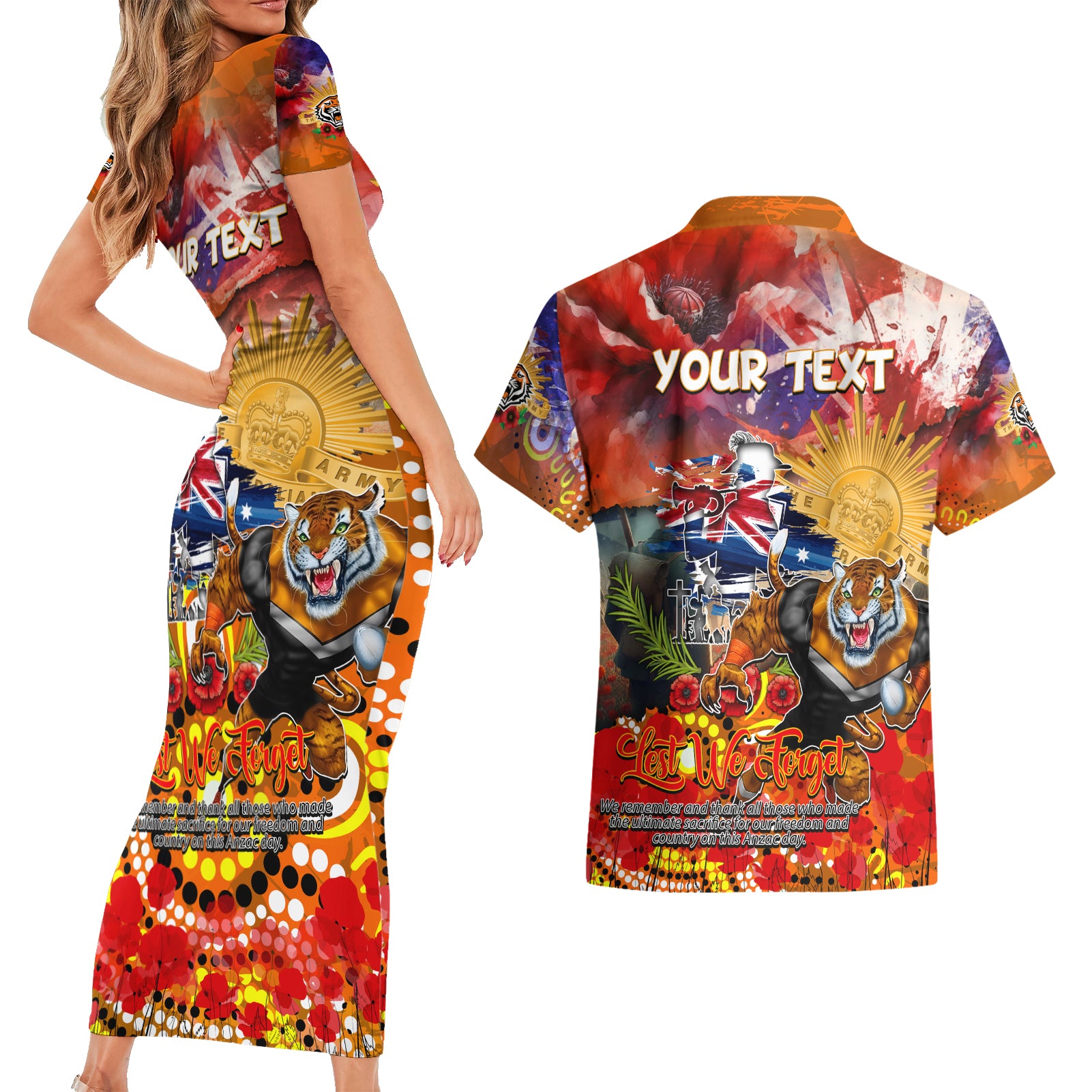 Personalised Australia Rugby Tigers ANZAC Couples Matching Short Sleeve Bodycon Dress and Hawaiian Shirt Wests Scratch Style