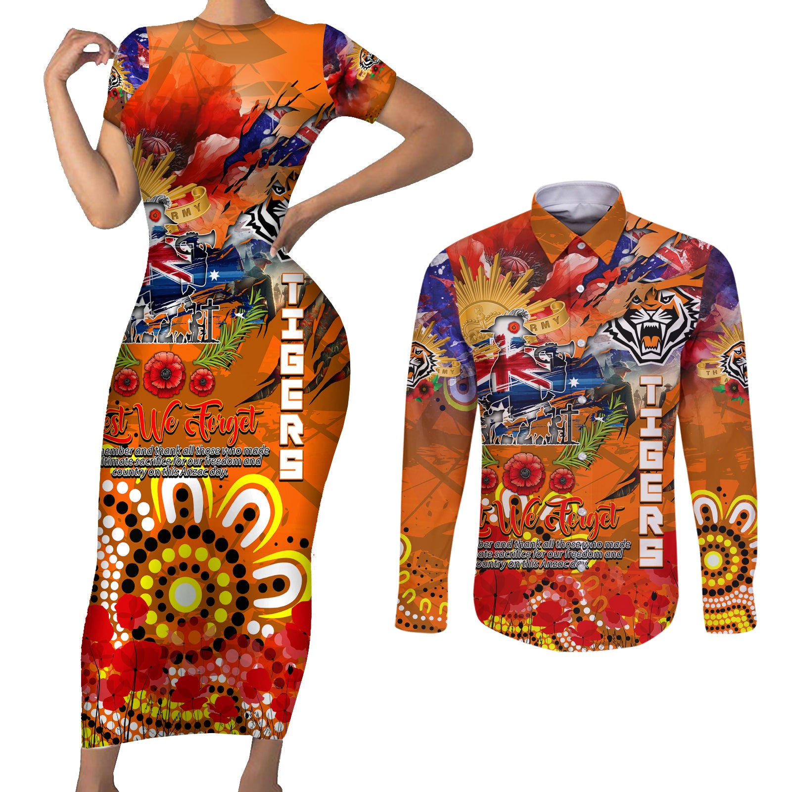 Personalised Australia Rugby Tigers ANZAC Couples Matching Short Sleeve Bodycon Dress and Long Sleeve Button Shirt Wests Scratch Style
