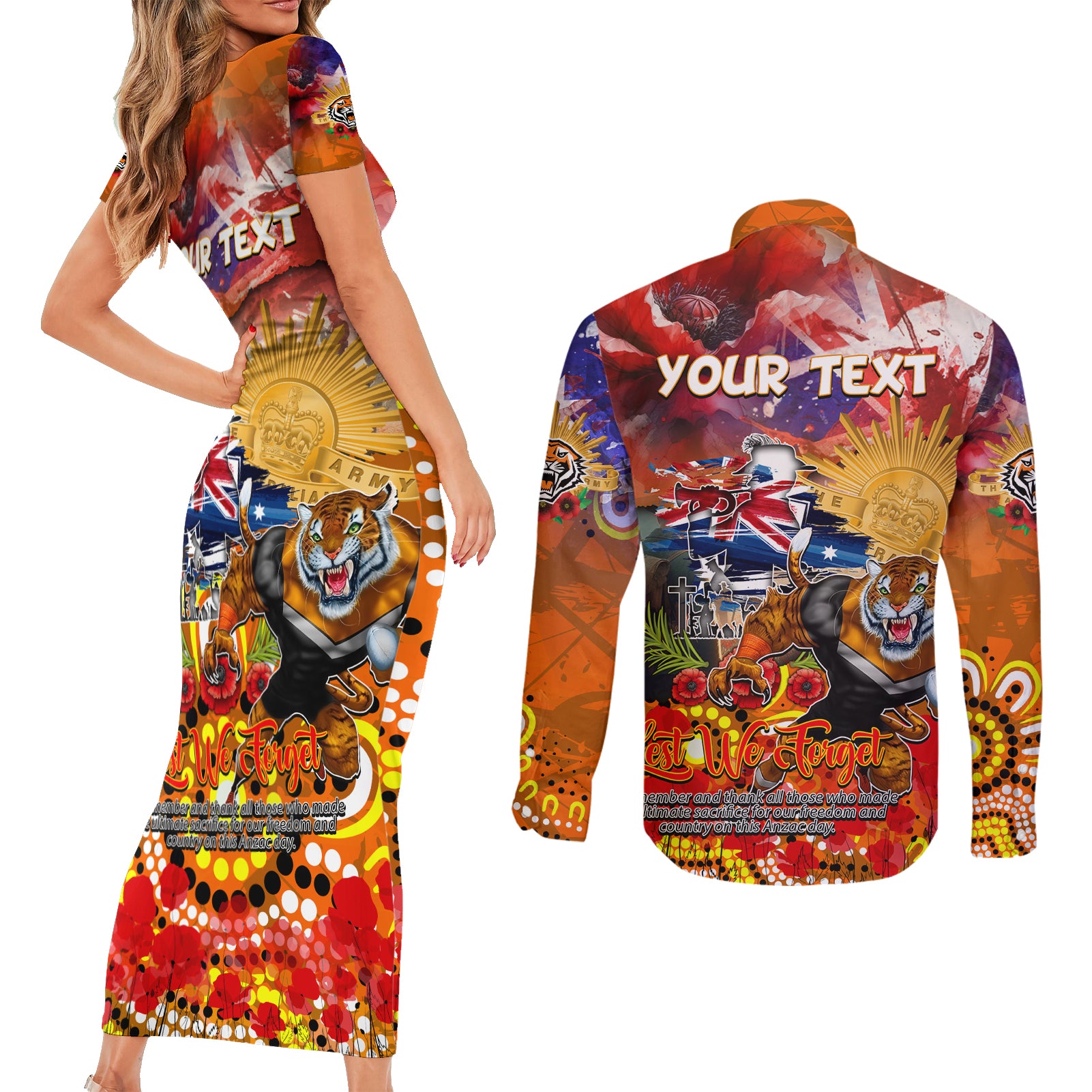 Personalised Australia Rugby Tigers ANZAC Couples Matching Short Sleeve Bodycon Dress and Long Sleeve Button Shirt Wests Scratch Style