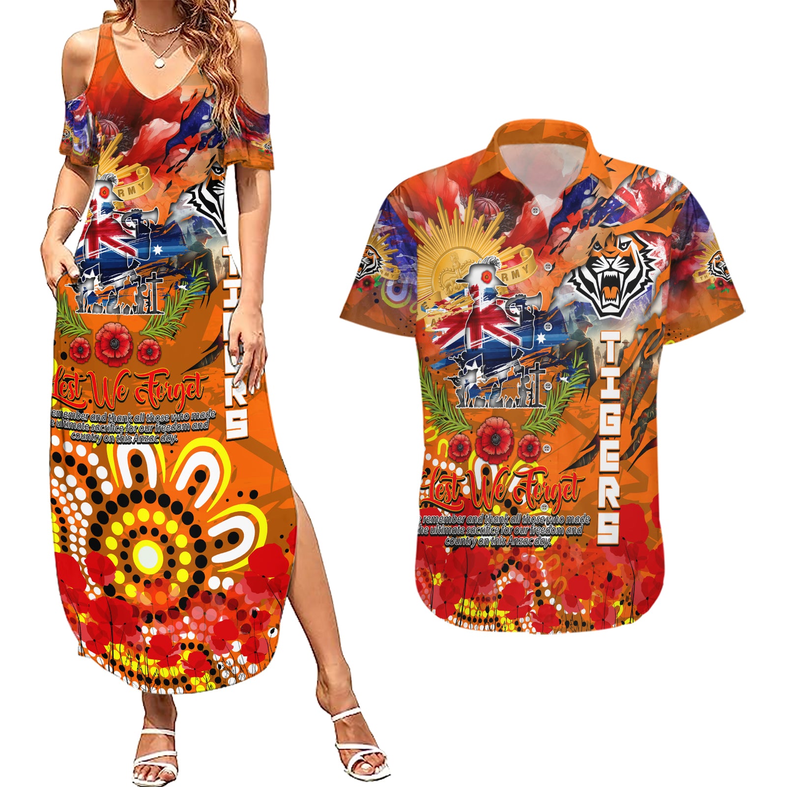 Personalised Australia Rugby Tigers ANZAC Couples Matching Summer Maxi Dress and Hawaiian Shirt Wests Scratch Style
