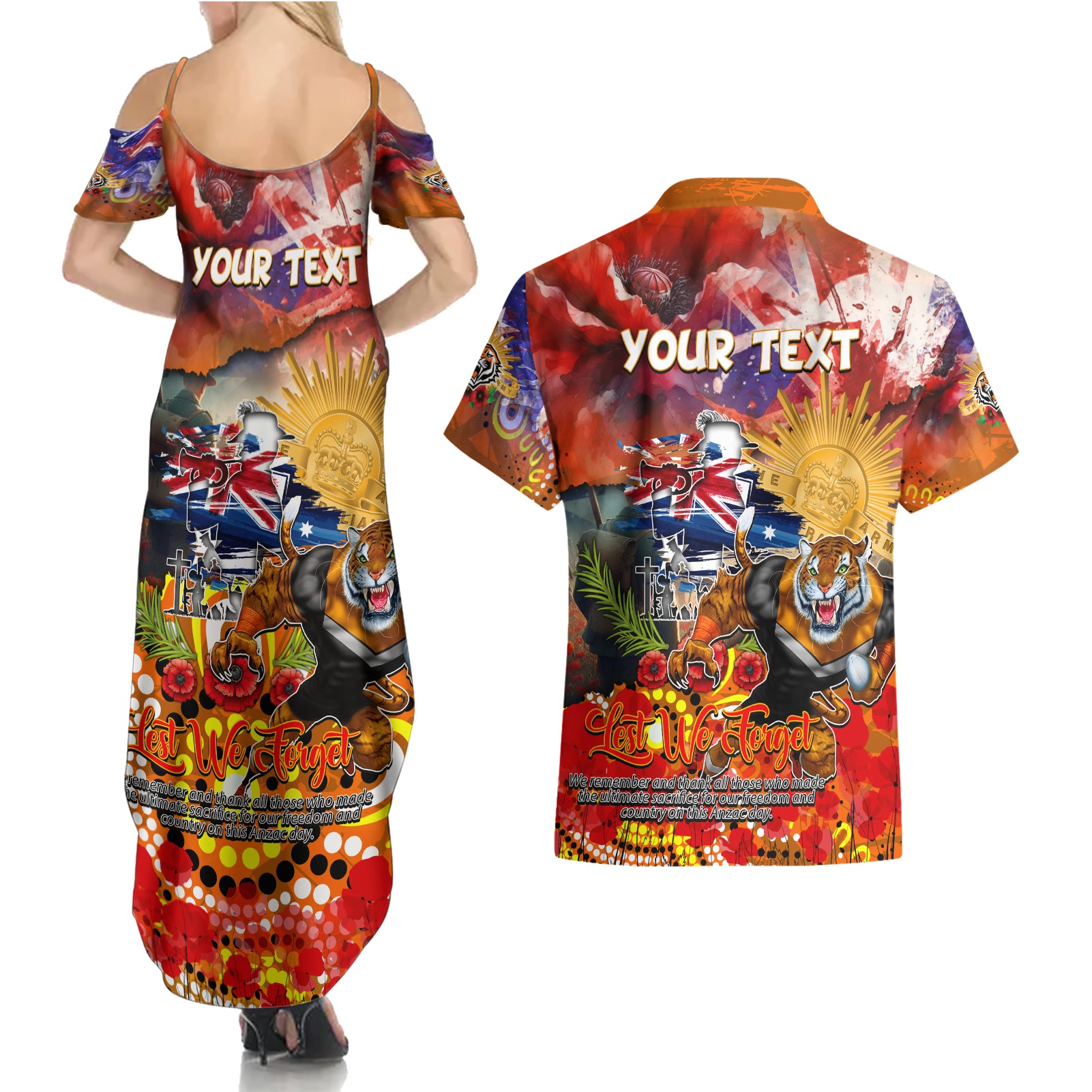 Personalised Australia Rugby Tigers ANZAC Couples Matching Summer Maxi Dress and Hawaiian Shirt Wests Scratch Style