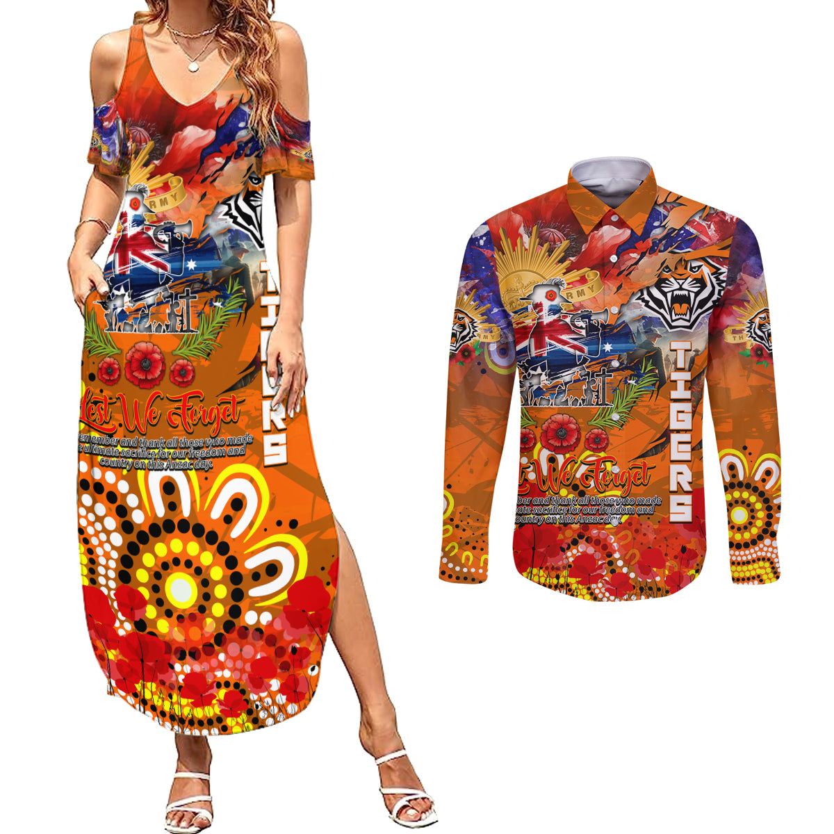Personalised Australia Rugby Tigers ANZAC Couples Matching Summer Maxi Dress and Long Sleeve Button Shirt Wests Scratch Style