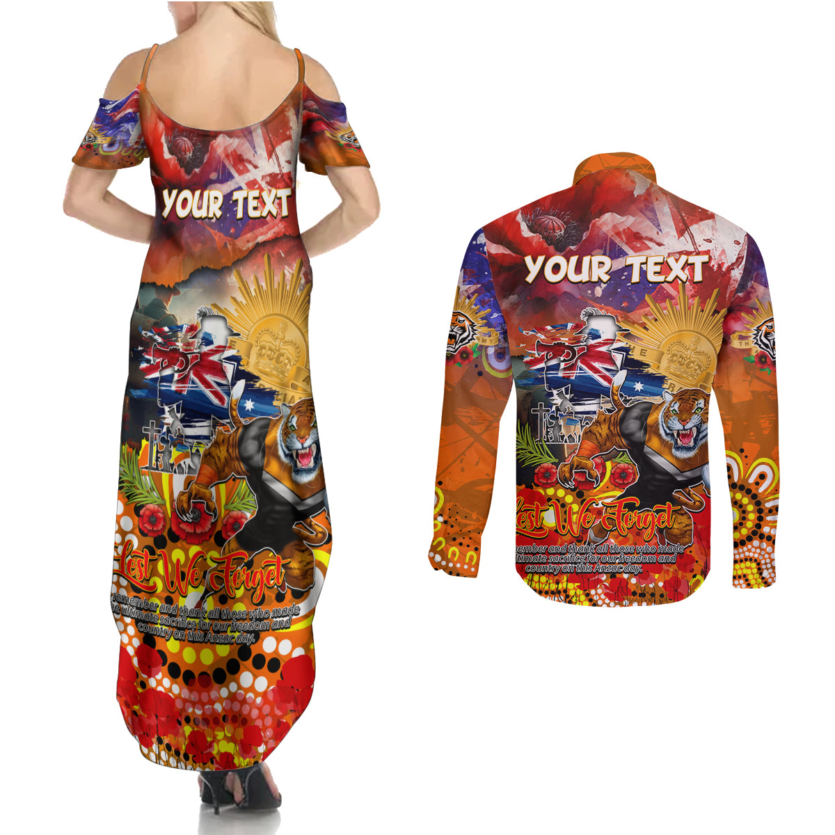 Personalised Australia Rugby Tigers ANZAC Couples Matching Summer Maxi Dress and Long Sleeve Button Shirt Wests Scratch Style