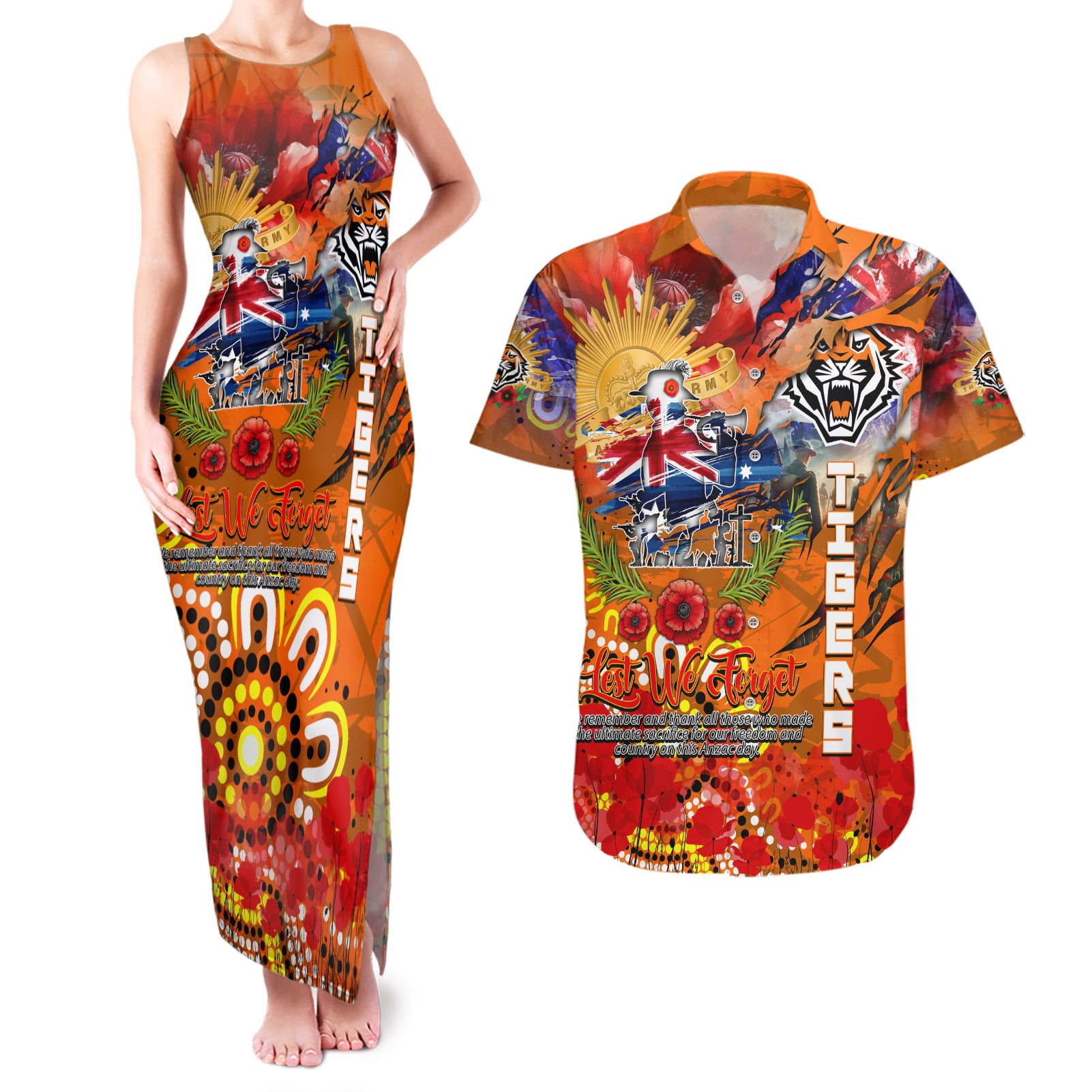 Personalised Australia Rugby Tigers ANZAC Couples Matching Tank Maxi Dress and Hawaiian Shirt Wests Scratch Style