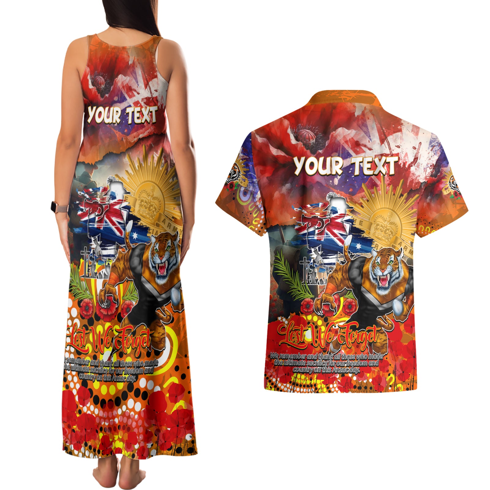 Personalised Australia Rugby Tigers ANZAC Couples Matching Tank Maxi Dress and Hawaiian Shirt Wests Scratch Style