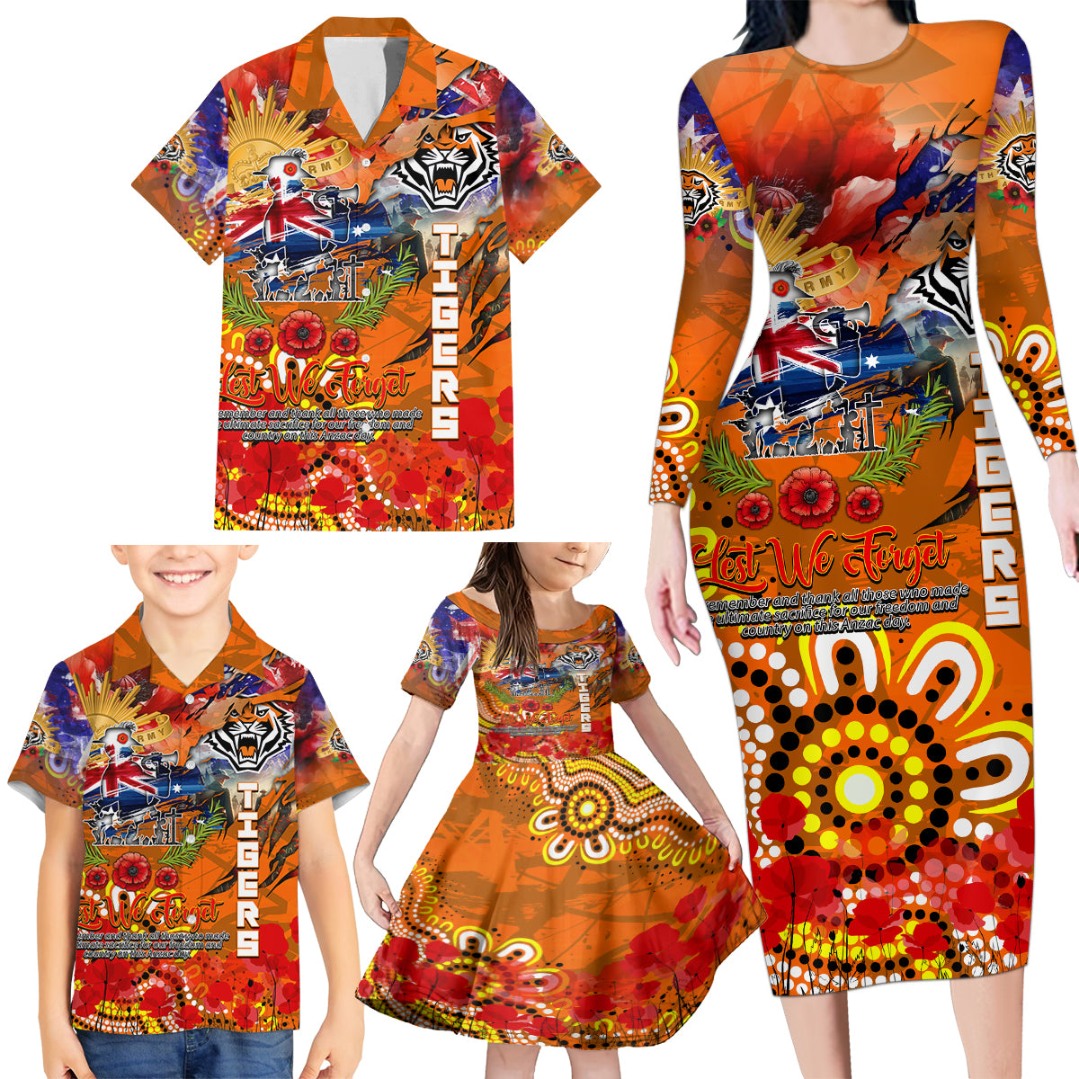 Personalised Australia Rugby Tigers ANZAC Family Matching Long Sleeve Bodycon Dress and Hawaiian Shirt Wests Scratch Style
