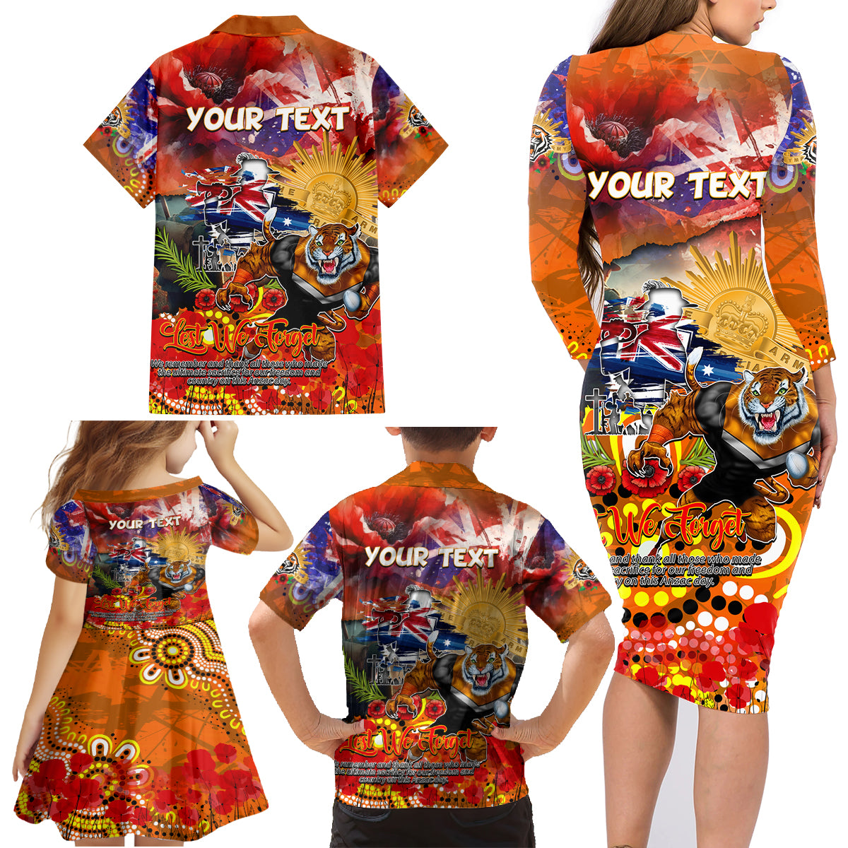 Personalised Australia Rugby Tigers ANZAC Family Matching Long Sleeve Bodycon Dress and Hawaiian Shirt Wests Scratch Style