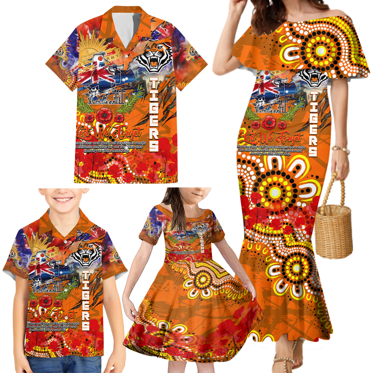 Personalised Australia Rugby Tigers ANZAC Family Matching Mermaid Dress and Hawaiian Shirt Wests Scratch Style