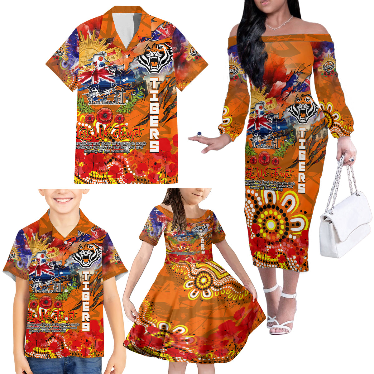 Personalised Australia Rugby Tigers ANZAC Family Matching Off The Shoulder Long Sleeve Dress and Hawaiian Shirt Wests Scratch Style