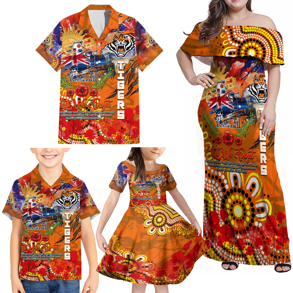 Personalised Australia Rugby Tigers ANZAC Family Matching Off Shoulder Maxi Dress and Hawaiian Shirt Wests Scratch Style