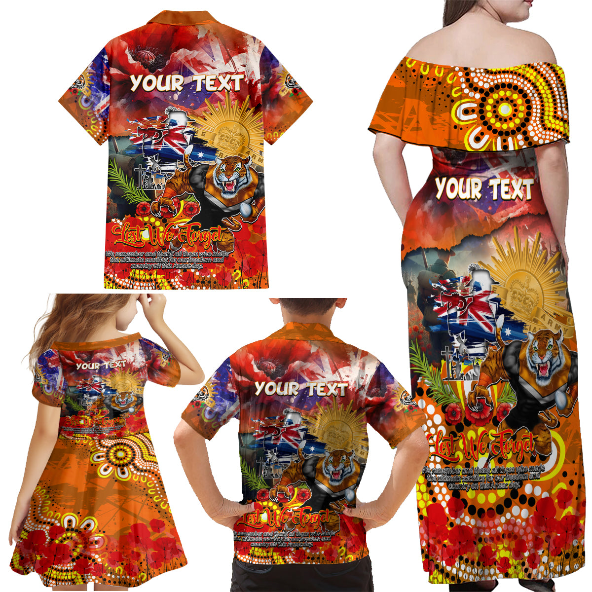 Personalised Australia Rugby Tigers ANZAC Family Matching Off Shoulder Maxi Dress and Hawaiian Shirt Wests Scratch Style