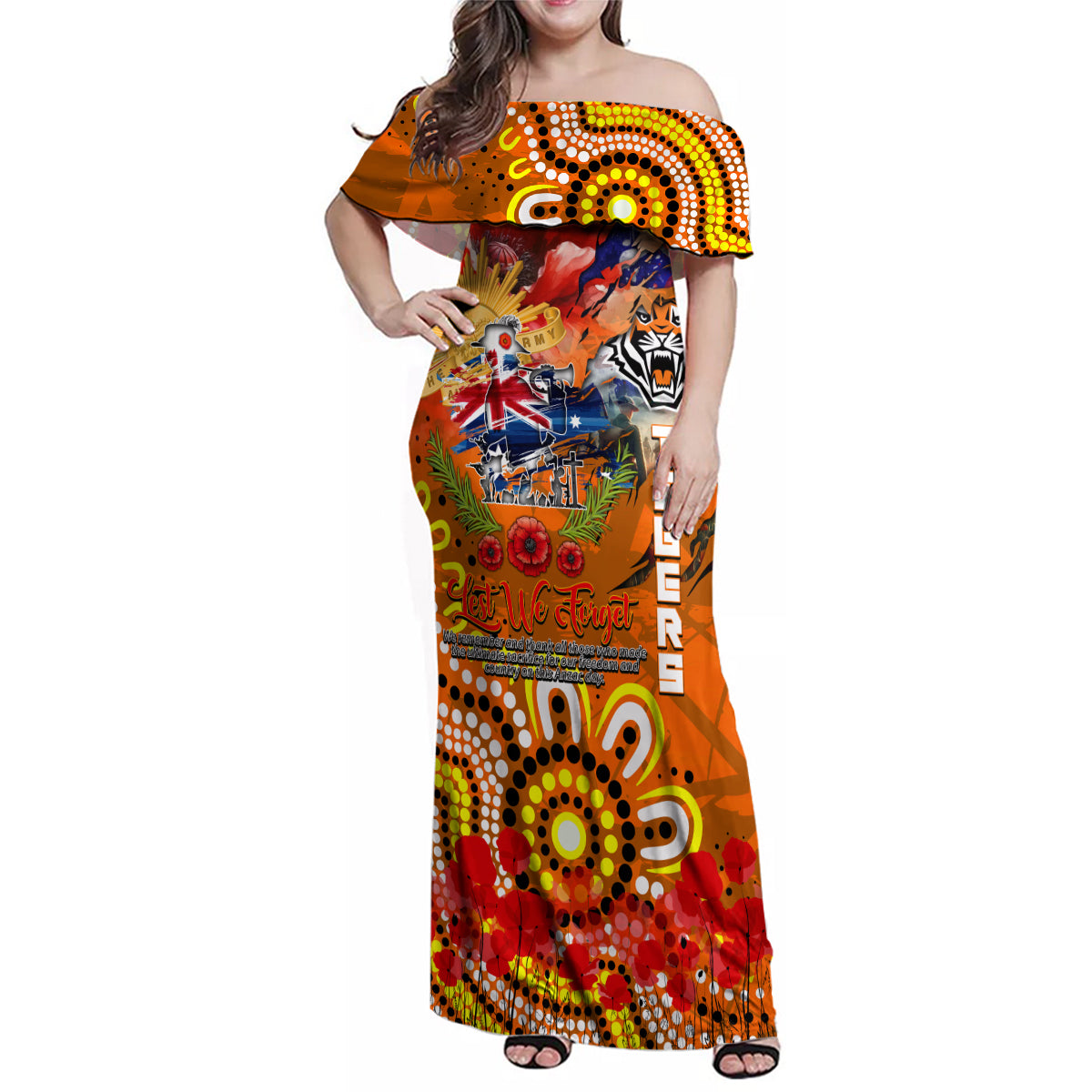 Personalised Australia Rugby Tigers ANZAC Family Matching Off Shoulder Maxi Dress and Hawaiian Shirt Wests Scratch Style