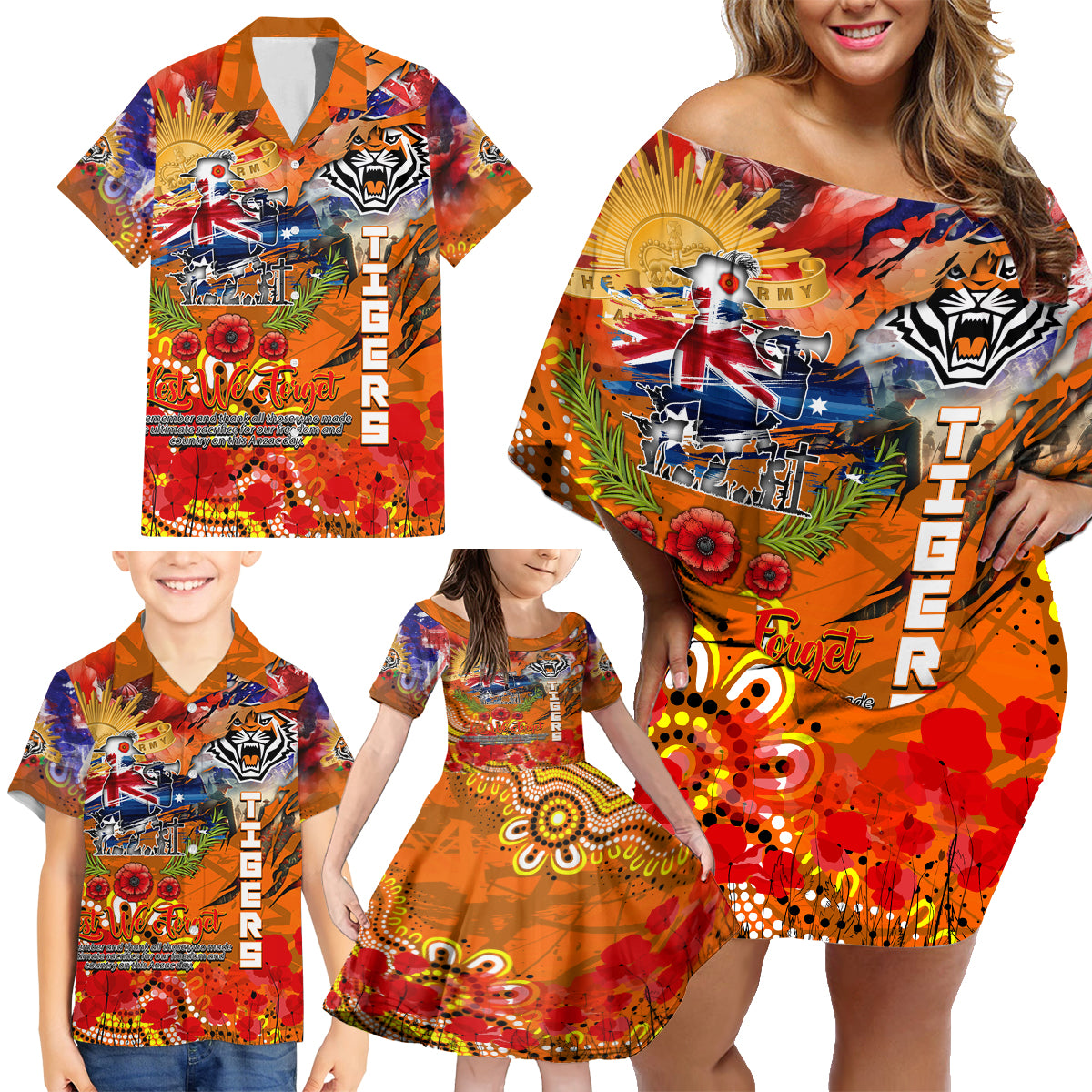 Personalised Australia Rugby Tigers ANZAC Family Matching Off Shoulder Short Dress and Hawaiian Shirt Wests Scratch Style
