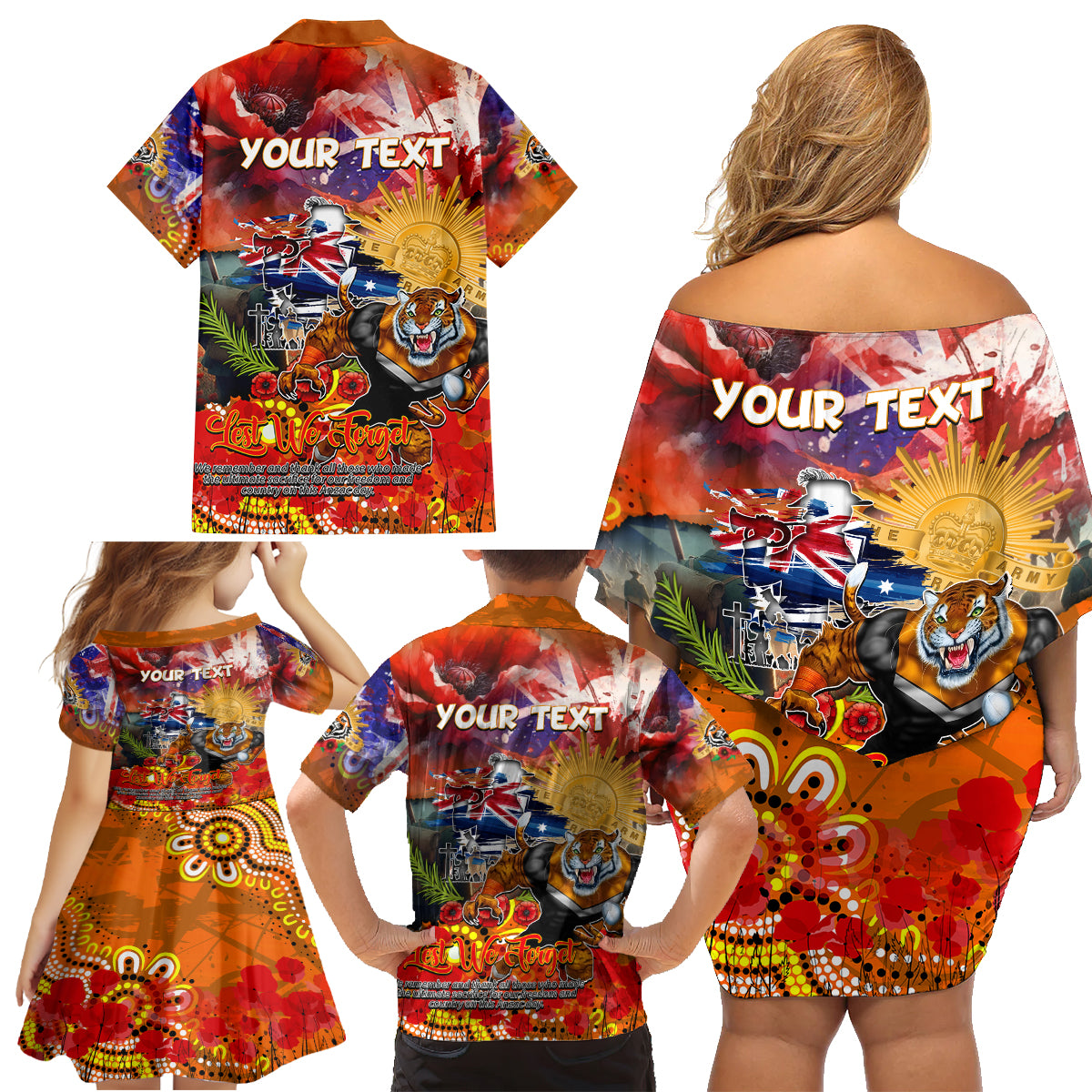 Personalised Australia Rugby Tigers ANZAC Family Matching Off Shoulder Short Dress and Hawaiian Shirt Wests Scratch Style