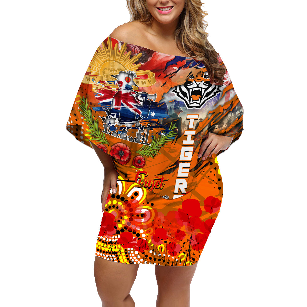Personalised Australia Rugby Tigers ANZAC Family Matching Off Shoulder Short Dress and Hawaiian Shirt Wests Scratch Style