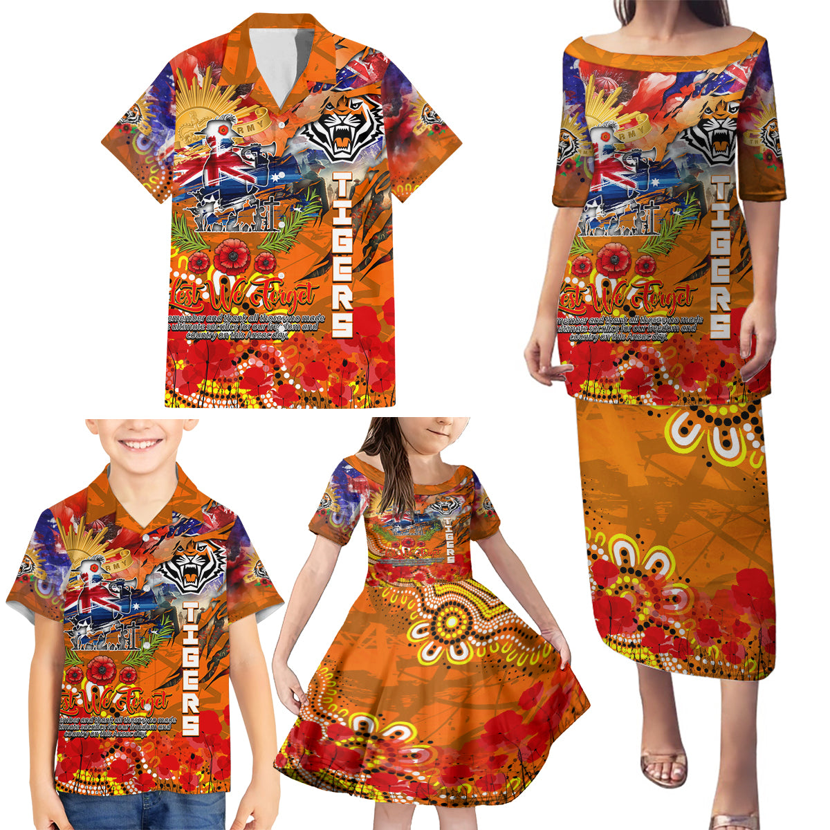 Personalised Australia Rugby Tigers ANZAC Family Matching Puletasi and Hawaiian Shirt Wests Scratch Style