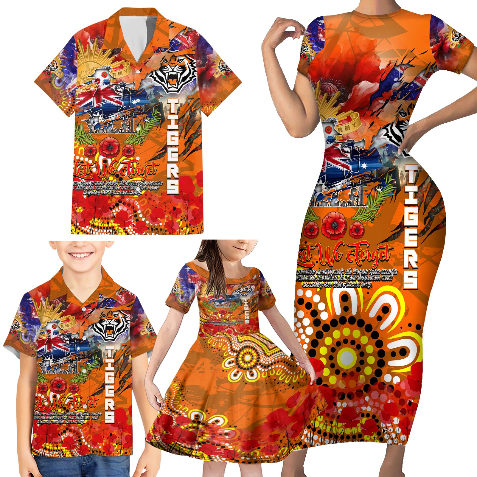 Personalised Australia Rugby Tigers ANZAC Family Matching Short Sleeve Bodycon Dress and Hawaiian Shirt Wests Scratch Style