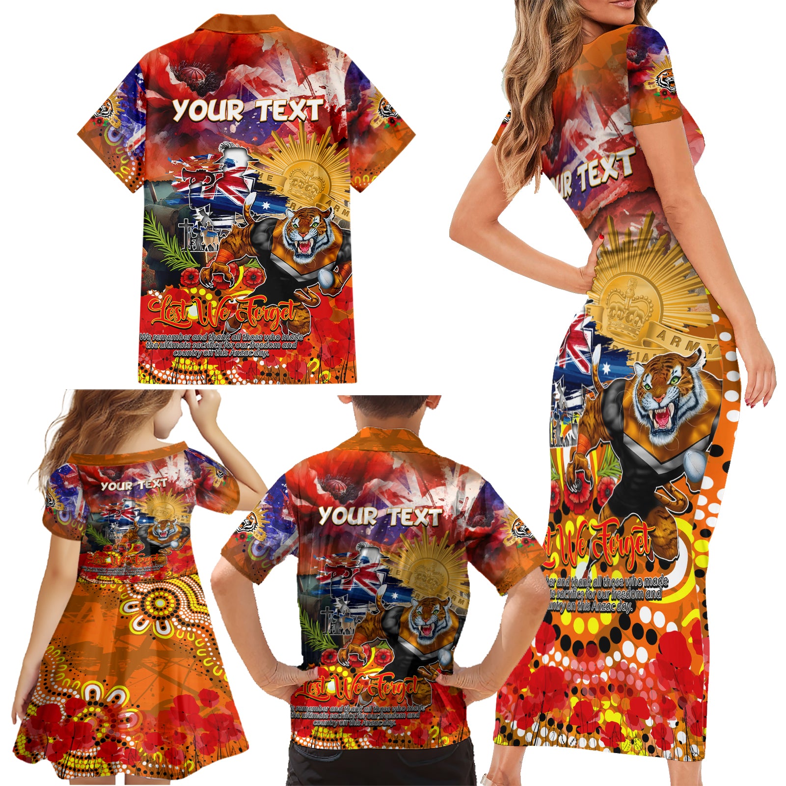 Personalised Australia Rugby Tigers ANZAC Family Matching Short Sleeve Bodycon Dress and Hawaiian Shirt Wests Scratch Style