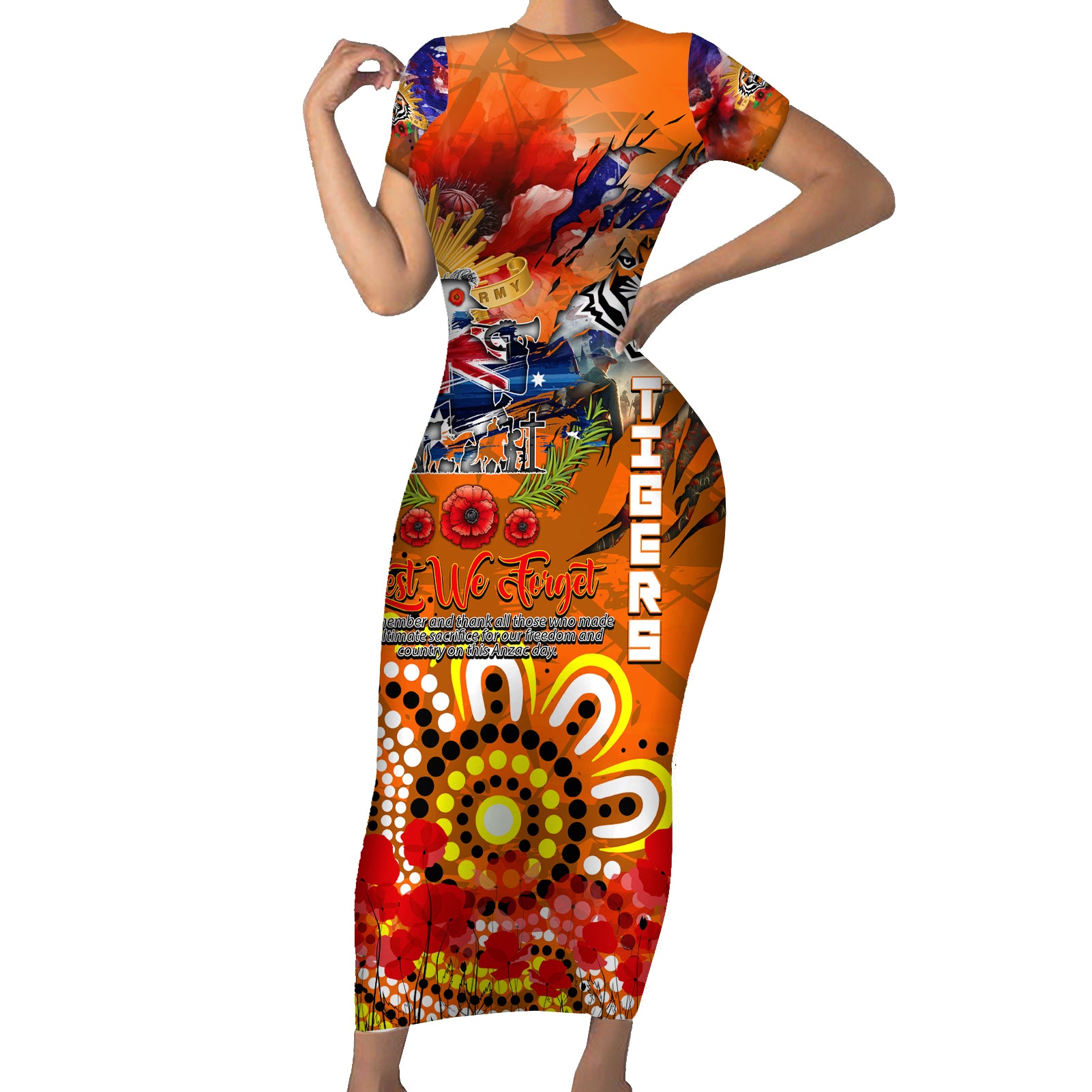 Personalised Australia Rugby Tigers ANZAC Family Matching Short Sleeve Bodycon Dress and Hawaiian Shirt Wests Scratch Style