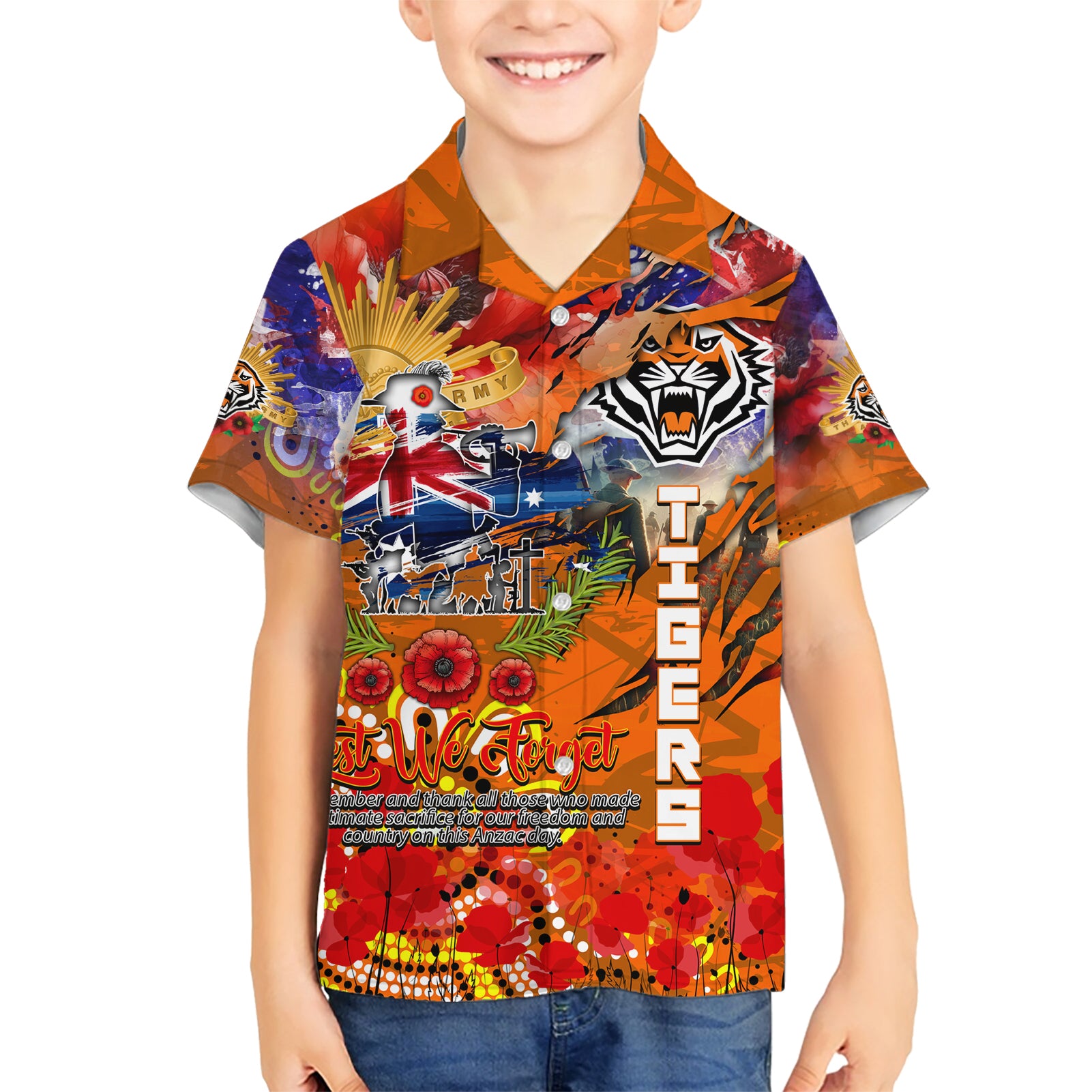 Personalised Australia Rugby Tigers ANZAC Family Matching Short Sleeve Bodycon Dress and Hawaiian Shirt Wests Scratch Style