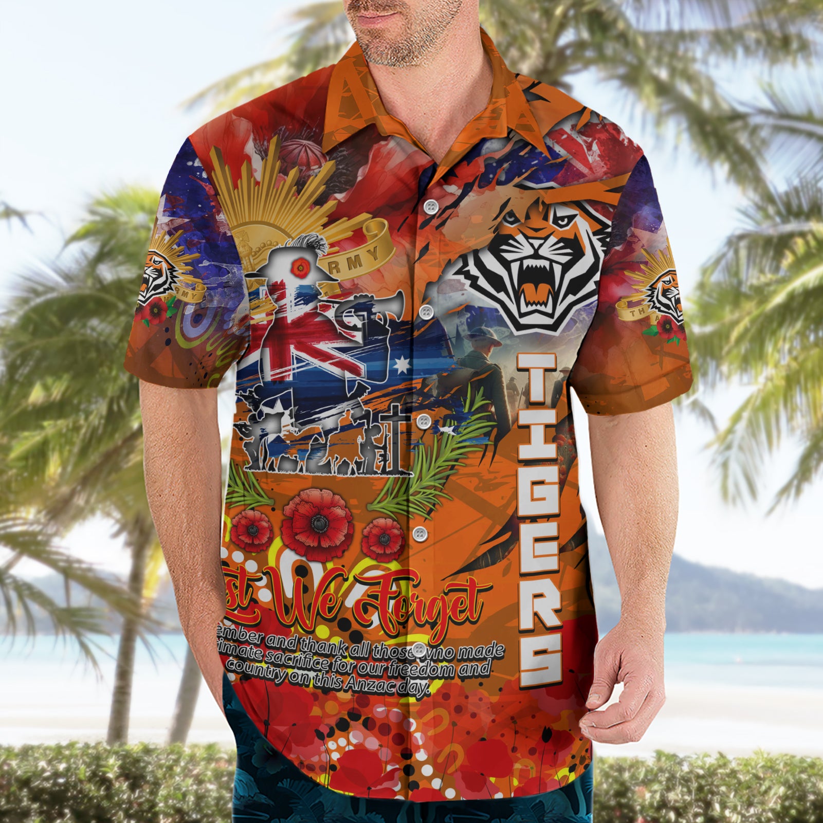 Personalised Australia Rugby Tigers ANZAC Hawaiian Shirt Wests Scratch Style - Vibe Hoodie Shop