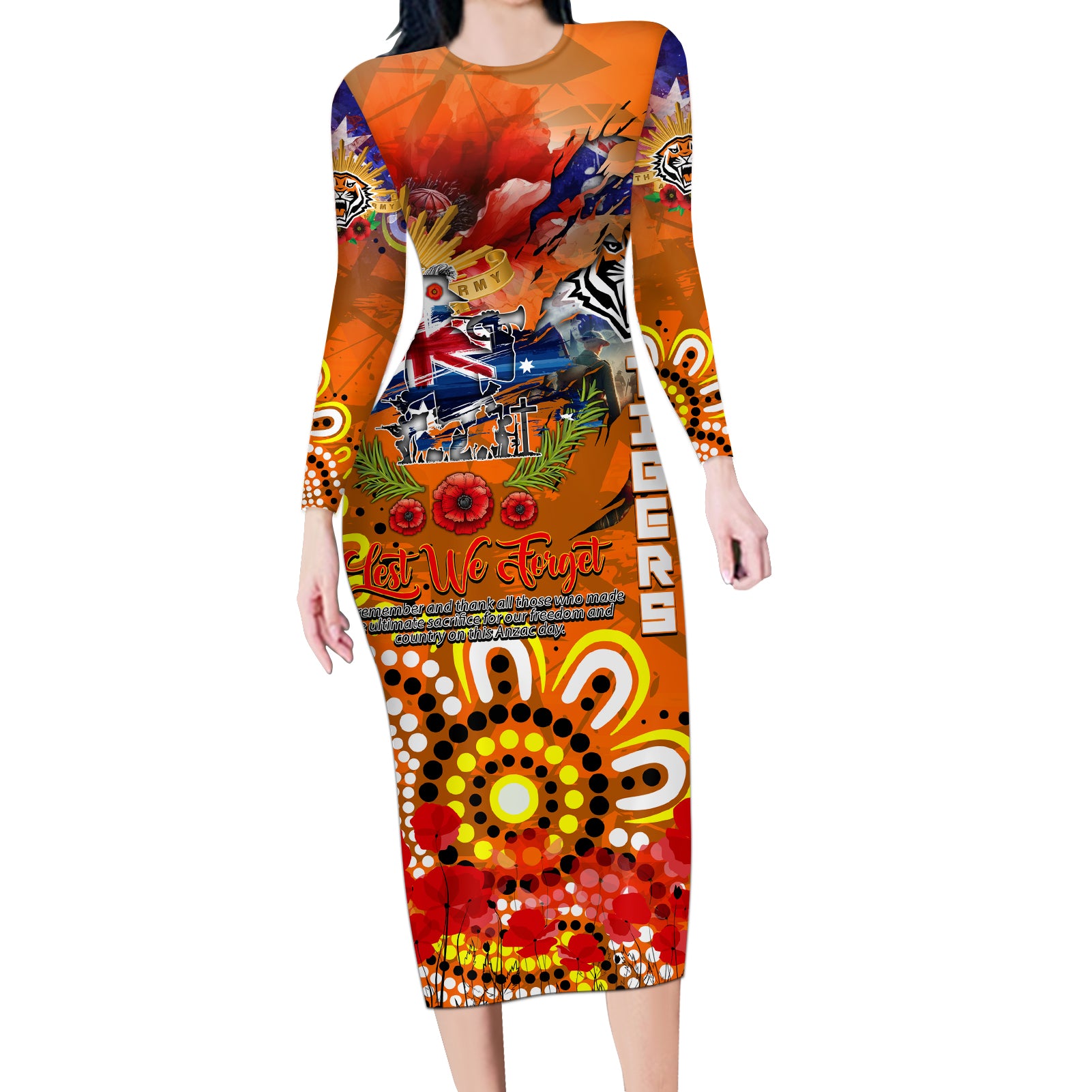 Personalised Australia Rugby Tigers ANZAC Long Sleeve Bodycon Dress Wests Scratch Style