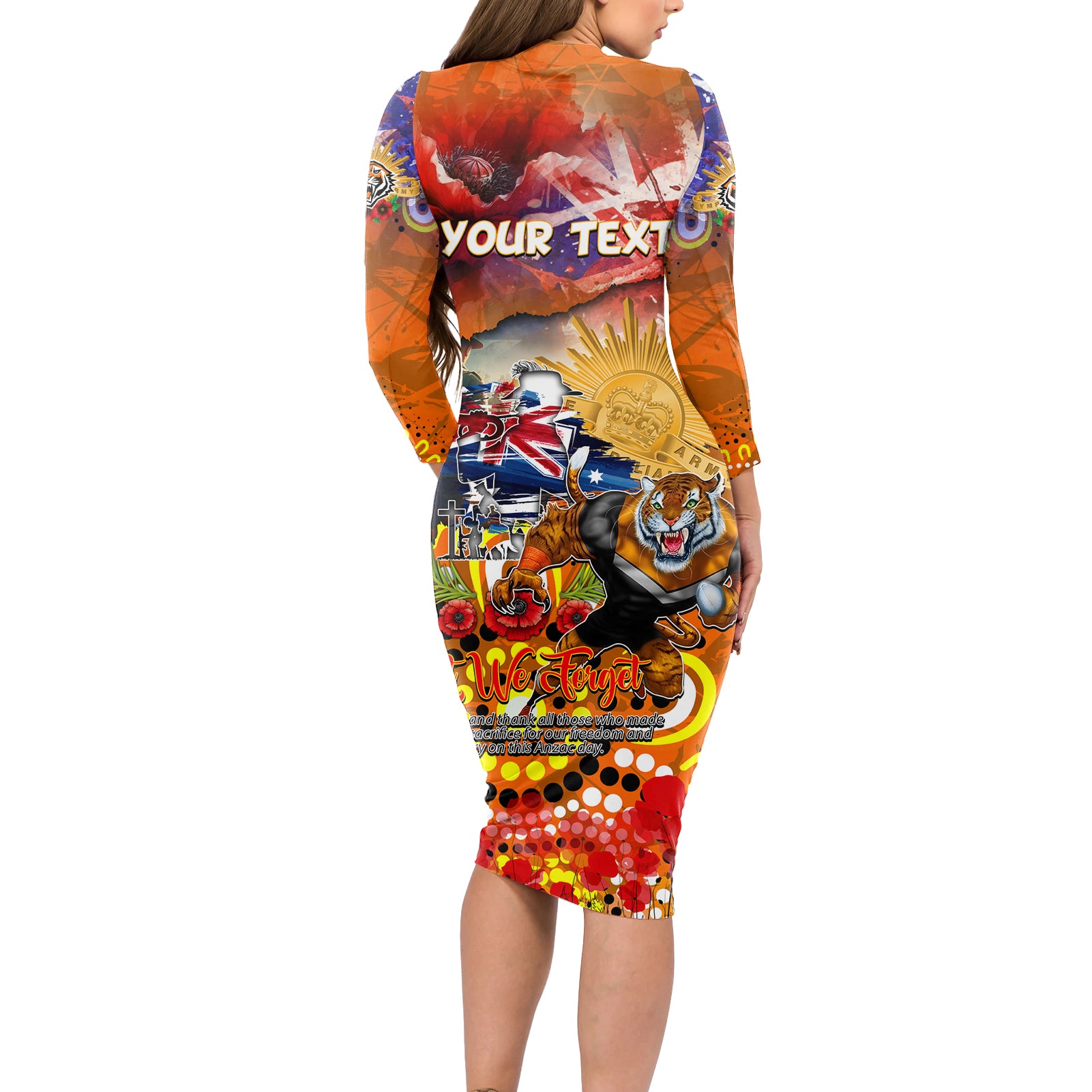 Personalised Australia Rugby Tigers ANZAC Long Sleeve Bodycon Dress Wests Scratch Style